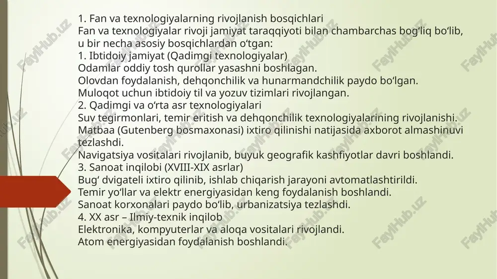 kompyuterlari – 1980-yillarda kompyuterlar keng ommaga tarqala boshladi. internetning paydo bo‘lishi – arpanet (1969) asosida 1990-yillarda internet keng rivojlandi. 8 4. raqamli inqilob (2000-yillar – hozirgi davr) bulutli texnologiyalar – ma’lumotlarni saqlash va qayta ishlash usullarini o‘zgartirdi. sun’iy intellekt va mashinaviy o‘rganish – dasturlar yanada aqlli bo‘ldi. foydalanilgan adabiyotlar: 1. brayan kernighan – "raqamli dunyoni tushunish" – raqamli texnologiyalar va internetning ishlash prinsiplari haqida. 2.rey kurtsveyl – "yagona nuqta yaqinlashmoqda" – sun’iy intellekt va texnologiyalarning kelajagi. 3.charlz petzold – "kod: kompyuter apparat va dasturiy ta’minotining yashirin tili" – kompyuter texnologiyalarining asosiy tamoyillari. 4.valter ayzekson – "innovatorlar" – kompyuter va internetni rivojlantirgan muhandislar haqida.2. ilmiy maqolalar va manbalar: 5.acm digital library (https://dl.acm.org/) – kompyuter fanlari bo‘yicha ilmiy maqolalar to‘plami. e’tiboringiz uchun raxmat! image1.png image2.png