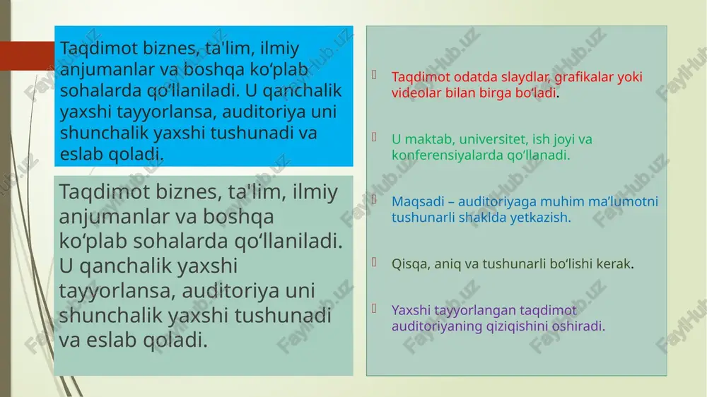 a o’zgarishiga ega bo’lgan vazifa yoki topshiriqdir. animatsion grafika o’zida rang, tasvir va illyustrativ grafika (mashinaviy tasvirlar, illyustrativ matnlar, chizmalar, eskizlar va boshqalar) bilan ishlay olish imkoniyatiga ega. taqdimot tayyorlashga ko‘makalshuvchi asosiy dasturiy vositalar bepul taqdimot uchun dastur: canva.com ai bilan ishlaydigan dizayn uchun beautiful.ai prezi chiziqli bo'lmagan, suhbatdosh taqdimotlar uchun video taqdimotlar uchun powtoon suhbatdosh ai xususiyatlari uchun gamma image1.png image2.png image3.png image4.png image5.png image6.png image7.png image8.png image9.png image10.png image11.png image12.png image13.png /docprops/thumbnail.jpeg