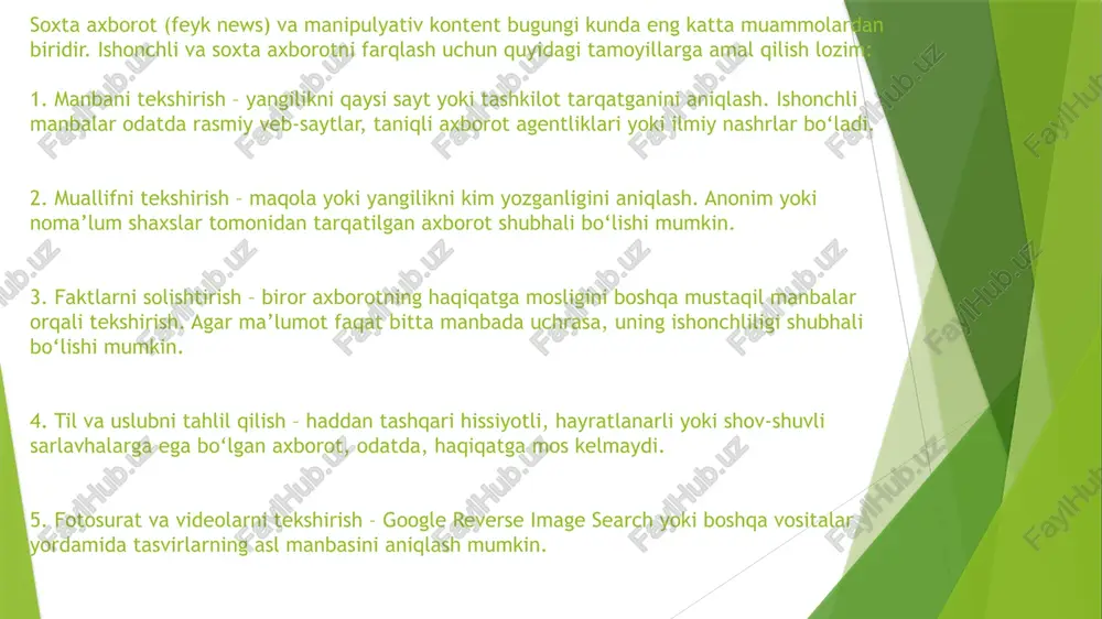 ijtimoiy tarmoqlardagi yolg‘on axborotlarni fosh qilish sun’iy intellekt (si) texnologiyalarining rivojlanishi media va axborot sohasida ijobiy va salbiy ta’sirlarga ega: ijobiy jihatlar: axborotni tahlil qilish, haqiqatni tekshirish va feyk yangiliklarga qarshi kurashishda yordam beradi. salbiy jihatlar: deepfake texnologiyalari orqali yolg‘on videolar yaratish, manipulyatsiya qilingan kontentlar ishlab chiqarish va odamlarni aldash uchun ishlatilishi mumkin. sun’iy intellekt yordamida yolg‘on axborotni aniqlash usullari rivojlanib borayotgan bo‘lsa ham, odamlarning o‘zlari ham media savodxonligini oshirish orqali bunga qarshi kurashishi kerak. kelajakda media va axborot savodxonligi quyidagi yo‘nalishlarda rivojlanishi mumkin: ta’lim dasturlariga media savodxonlik darslarini kiritish – bolalar va yoshlarni axborotning to‘g‘ri tahlil qilish ko‘nikmalariga o‘rgatish. sun’iy intellekt va avtomatlashtirilgan faktcheking tizimlarining rivojlanishi – noto‘g‘ri axborotni avtomatik aniqlash tizimlarini takomillashtirish. raqamli xavfsizlik va shaxsiy ma’lumotlarni himoya qilish – internetda shaxsiy axborotni himoya 1. ta’lim va ommaviy savodxonlikning oshirilishi maktab va universitetlarda media va axborot savodxonligi kurslarini joriy etish – yosh avlodni axborot bilan ishlashga o‘rgatish orqali …