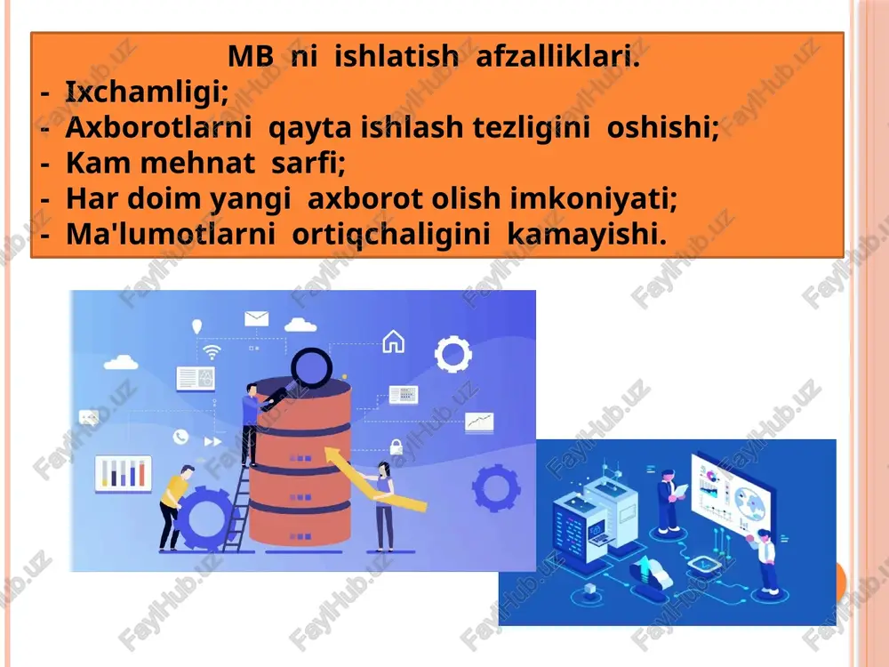 i. boshqacha qilib aytganda mb - bu ma'lum berilgan aniq bir strukturaga ega bo'lgan ma'lumotlarni o'z ichiga oluvchi maxsus formatga ega bo'lgan fayldir. ma'lumotlarni strukturalashtirish - bu shunchaki ma'lumotlarni tasvirlashda qandaydir moslikni kiritish usulidir. odatda mb ma'lum bir ob'ekt sohasini ifodalaydi va uning ma'lumotlarni o'z ichiga oladi, ularni saqlaydi va foydalanuvchiga ma'lumotlarni qayta ishlashda undan foydalanish imkonini yaratib beradi. ma'lumotlar bazasi - axborot tmzimlarining eng asosiy tarkibiy qismi bo'lib hisoblanadi. ma'lumotlar bazasidan foydalanish uchun foydalanuvchi ishini engillashtirish maqsadida ma'lumotlar bazasini boshqarish trizimlari yaratilgan. bu tizimlar ma'lumotlar bazasini amaliy dasturlardan ajratadi. ma'lumotlar bazasini boshqarish tizimi (mbbt) -bu dasturiy va apparat vositalarining murakkab majmuasi bo'lib, ular yordamida foydalanuvchi 8 ma'lumotlar bazasini yaratish va shu bazadagi ma'lumotlar ustida ish yuritishi mumkin. shu bilan bir qatorda ma'lumotlar bazasini boshqarish tizimi ma'lumotlar bazasini yaratish, ularni dolzarb holatini ta'minlash va undagi zarur axborotni topish ishlarini tashkil etish uchun mo'ljallangan dasturlar majmui va til vositasidir. ma'lumotlar bazasi …
