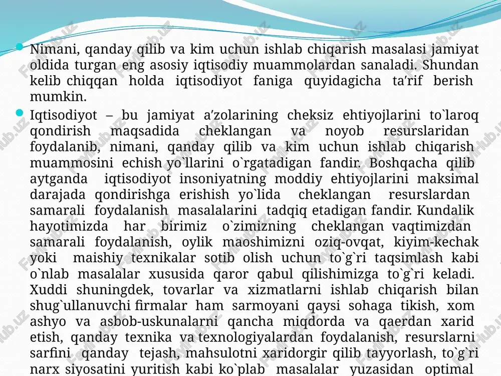 oiqtisodiyot‖ fani ham bundan mustasno emas. iqtisodiy fanlarda qo`llanilgan ilk usul formal mantiq bo`lib, u fanga aristotel tomonidan kiritilgan. formal mantiq – bu g`oyani uning tarkibiy qismlari va shaklidan kelib chiqib o`rganishdir. uning eng sodda kategoriyasi tushunchadir. tushuncha predmet to`g`risidagi fikrni izohlaydi. fikrlash – bu biror g`oyani tasdiqlash yoki inkor etishni anglatuvchi jarayon. uning asosida xulosa shakllantiriladi. xulosa – bu fikrlash usuli bo`lib, uning vositasida birlamchi bilimlardan yakuniy bilimlar olinadi. ko`p hollarda iqtisodiy tadqiqot o`rganilayotgan ob′ektga tegishli biror muammoni yechimini topishga qaratilgan bo`ladi. muammo – ilmiy anglab yetish jarayonida shakllantirilgan masala yoki ular yig`indisidir. iqtisodchilar avvalo ma′lum iqtisodiy muammoga taalluqli dalillarni aniqlash va to`plashdan ish boshlaydilar. bu jarayonni ba′zan tavsiflovchi yoki emperik iqtisodiy fan deb atashadi. 1.2. fanni o`rganish usullari iqtisodiy tadqiqot ayrim dalillardan nazariyaga qarab harakat qilganda induksiya usulini, aksincha nazariyadan ayrim dalillarga qarab harakat qilganda esa deduksiya usulini ifoda qiladi. dalillarni tahlil qilish orqali iqtisodiy tamoyillar yoki nazariya …