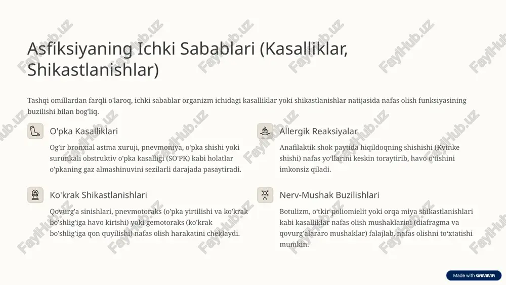 sh refleksi: yutish refleksi yetarli darajada rivojlanmaganligi sababli, ovqat yoki qusuq massalari osongina nafas yo'llariga tushishi mumkin (aspiratsiya). kichik o'yinchoqlar xavfi: bolalar atrofidagi hamma narsani og'ziga solishga moyil bo'lgani uchun mayda o'yinchoqlar, tangalar yoki yong'oqlar doimiy xavf tug'diradi. tashqi bosim: yumshoq yostiqlar, adyollar yoki kattalarning ustida uxlab qolishi natijasida bosim ostida qolib, bo'g'ilish ehtimoli yuqori. chaqaloqlar xonasida xavfsizlik choralariga qat'iy rioya qilish asfiksiya xavfini sezilarli darajada kamaytiradi. 7 birinchi yordam ko'rsatish: hayotni saqlab qolish uchun tezkor harakatlar asfiksiya holatida har bir soniya qadrli. agar begona jism tufayli bo'g'ilish yuzaga kelsa, darhol gimlik usulini (heimlich maneuver) qo'llash kerak. 1 1. vaziyatni baholash jabrlanuvchining yo‘talayotganini, nafas ololmayotganini so‘rang. agar kishi gapira olmasa yoki nafas ololmasa, darhol harakatni boshlang. 2 2. 103/112 raqamiga qo'ng'iroq qilish yordam so‘rash uchun darhol favqulodda xizmatlarga qo‘ng‘iroq qiling yoki yon-atrofdagilardan qo‘ng‘iroq qilishni so‘rang. 3 3. gimlik usuli (kattalar) jabrlanuvchining orqasiga turib, ikkala qo‘lni qovurg‘alar osti va kindik ustiga …