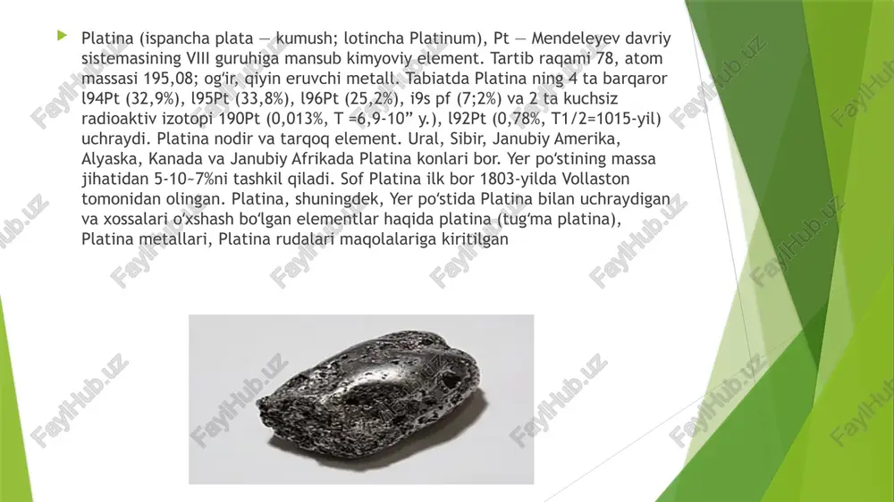 fzaldir. bu juda ideal zargarlik buyumlari. u oltindan qimmatroq va har xil zargarlik buyumlarini oltin bilan o’rnatilgan qotishmalar ishlatilishi mumkin. platina-oltin qotishmasi, bu kumush va oq oltin ko’rinishga ega bo’lgan metall qotishma bo’lib, so’nggi yillarda juda afzal ko’rilmoqda. bu yumshoq metall bo’lgani uchun uni osonlikcha qayta ishlash mumkin va turli xil dizaynlar uchun mos shakllar berilishi mumkin. u nikoh uzuklari, uzuklar, marjonlarni, bilaguzuklar, sirg’alar, pirsinglar, pinalar kabi ko’plab zargarlik buyumlarida qo’llaniladi. sof yoki qotishma platina zargarlik buyumlarida qoplama sifatida ishlatilishi mumkin. platina saraton dorilarida ham qo’llaniladi. sisplatin va karboplatin deb ataladigan platinaga asoslangan saraton dorilari yon ta’sirini ko’rish mumkin. bu elektr o’tkazuvchanligi tufayli yurak stimulyatorida ishlatiladigan yurak stimulyatori elektrodlarini ishlab chiqarishda ideal metalldir. platina-kobalt qotishmalari bilan juda kuchli magnitlar ishlab chiqariladi. platina va uning qotishmalarini elektromagnitlardan tortib tomosha magnitigacha bo’lgan barcha turdagi magnitlarda topish mumkin. platinum termometrlarda ham ishlatiladi. platina qarshilik termometrlari -190 darajadan 600 darajagacha bo’lgan haroratni aniqlik bilan …