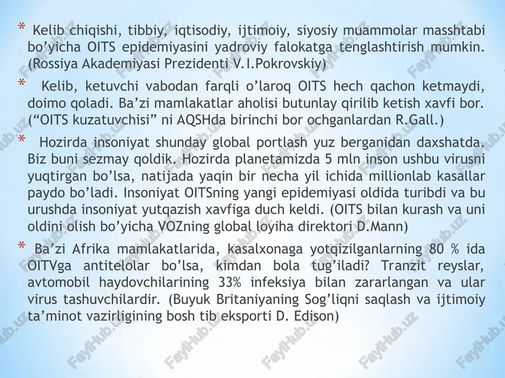 rashda bilib olsa bo`ladi deb o`ylaydilar. yoshlarning ko`pchiligi narkomanlar bilan himoya qilinmagan jinsiy aloqaga kirishish juda xavfli ekanligini bilmaydilar. ko`pchilik yoshlar oiv/oits masalalarini o`z do`stlari bilan muhokama qilishni noqulay hisoblaydilar (javob berganlarning to`rtdan biri), bu mavzuni o`z oila a`zolari bilan muhokama qilish yanada noqulay hisoblanadi (har o`ntadan biri). harakatining maqsadi oiv/oitsdan zarar ko`rgan bolalarga himoya, qo`llab-quvvatlash va qarovni ta`minlashdan iborat. harakat bmtning turli bo`linmalari, turli mamlakatlarning hukumatlari, xalqaro hamjamiyat va fuqarolik jamiyatini mavjud holatni o`zgartirish yo`lida birlashtiradi. bu bolalar masalasini kun tartibiga qo`yish, bolalar holatiga e`tibor berishga va bolalar ehtiyojlarini qondirishni tezlashtirishga chorlash orqali amalga oshiriladi. harakat tomonidan to`rtta asosiy yo`nalishlar belgilangan: oiv/oits nafaqat kattalarga, balki bolalar va yoshlarga ham ta`sir ko`rsatadi. ularning hayotlari barbod bo`lmoqda. har kuni, har soniyada, 15 yoshga to`lmagan bir bola oits tufayli hayotdan ko`z yummoqda. birgina 2004 yilning o`zida 500 mingdan ziyod bolalar shu tariqa hayot bilan vidolashdilar *. har 15 soniyada oiv infektsiyasiga ega, …