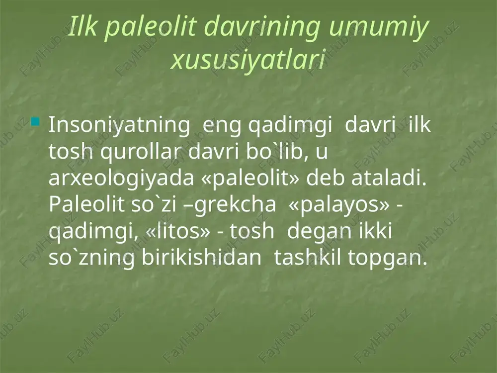 op (maymun odam), sinantrop (xitoy odami) geydel`berg (germaniya odami) tipidagi odamlar tuzilishi jihatidan odam bilan (odamsimon) maymun o`rtasidagi holatda bo`lganlar. ular yuqorida aytilgandek, tuda bo`lib, yashagan, so`zlashishni bilmagan, toshga ishlov berishning shell` va ashel` texnikalaridan foydalangan. eng qadimgi odamlardan pitekantrop izlari yava orolida, sinantrop izlari xitoyda topilgan. shell va ashel` madaniyati qoldiqlari old osiyo, kavkazorti, qora dengiz, osiyo va afrika hududlarida ham saqlanib qolgan. ma`lumki, markaziy osiyo xususan o`zbekiston hududida eng qadimgi odamlar ilk poleolit davrida taxminan miloddan avvalgi 700-500 ming yillar oldin paydo bo`lgan. o`zbekiston hududida yashagan odamlar janubiy- sharkiy va sharkiy osiyoning eng qadimgi odamlari bo`lgan «sinantrop» - «xitoy odamlari» ga yaqin bo`lgan. markaziy osiyo hududlaridan ibtidoiy kishilarning eng qadimgi tosh davri yodgorliklari topilgan. ko`lbuloq, uchtut, bo`riqazigan, tanirqazigan, onarcha, qoratangir, qizqal`a, yangaja, takali, kamar, uchbuloq, qoratog`, havolang va ,,, boshqa makonlar arxeologlar tomonidan o`rganilgan. ko`lbuloq makoni toshkent viloyati angren shaxri yaqinida qizilolma soyining chap sohilida joylashgan. kulbuloq makoni …