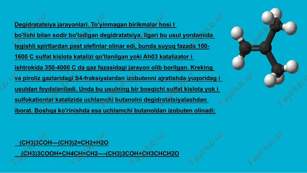 emperatura ta'siriga be'qaror bo'lganda suyuq fazasidagi degidratatsiya jarayonidan foydalaniladi. bu xloreks, dioksan va morfolin sinteziga tegishli, lekin suyuq fazada nitrospirtlar, gidroksialdegidlar va gidroksiketonlar ko'pincha degidratatsiyalanishi va tegishli to'yinmagan moddalar hosil bo'lishi mumkin. katalizator sifatida sulfat kislota (70% gacha konsentratsiyali) fosfat kislotasi, magniy yoki kalsiy fosfatlar, sulfokationitlar qo'llaniladi. jarayon 100 dan 160-200 qc, atmosfera bosimida olib boriladi. suyuq fazada degidratatsiya jarayonlari olib borishning asosan, ikki xii uzluksiz usuli mavjud (30-rasm, a). birinchi usulda jarayon uzluksiz ravishda sodir bo'ladi, bunda katalizatorli eritmadan yengil mahsulotlar - to'yinmagan moddalar yoki oddiy efir va s\.lv haydaladi, bu moddalar ko'pincha tez qaynaydigan azeotrop aralashma hosil qiladi. reaktor bug' bilan isitiladi va apparatga uzluksiz ravishda xomashyo sifatida organik reagent yuboriladi. reaktoming tepa qismiga qaytar sovutgich ulangan, '" uning yordamida kondensat qaytishini boshqarish mumkin, bunda katalizator konsentratsiyasi o'zgarmasligi lozim. ikkinchi usulni qaytmas va tez suv ajralib nitroolefinlar, to'yinmagan aldegid va ketonlar hosil bo'ladigan reaksiyalarda qo'lianiladi. gaz fazasida degidratatsiyalash …
