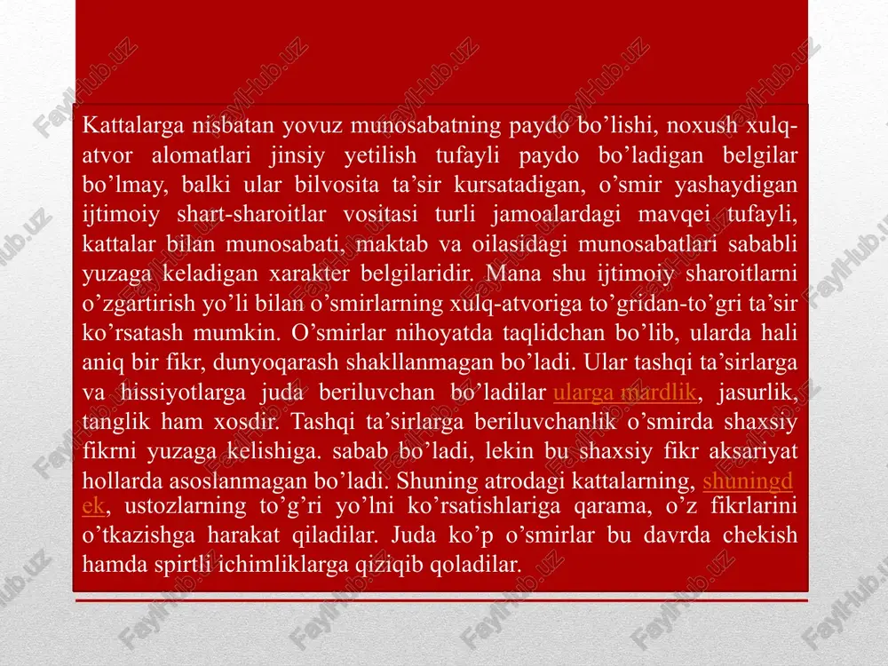 tta, kattalarning ham , lekin ular kattalarnikidan o’z emotsionalligi bilan farqlanadi. tengdoshlari, shuningdek, sinfdoshlari guruxida o’smir o’zining kelishuvchanlik xususiyati bilan namoyon bo’ladi. o’smir o’z guruhiga bogliq va qaram bo’lgani holda shu guruhning umumiy fikriga qo’shilishiga va uning qarorini doimo bajarishga tayyor bo’ladi. guruh ko’pincha o’smirda «biz» hissining shakllanishiga yordam beradi va uning ichki holatini mustahkamlaydi. o’smir yoshidagi bola uchun do’st tanlash juda katta ahamiyatga ega. o’smirlik davrida do’st juda qadrli hisoblanadi. do’stlar doimiy ravishda ruhan qalban yaqin bo’lishga ehtiyoj sezadilar. bu ehtiyoj o’smir do’stlarning hol-ahvol so’rashishi va ko’rishishlarida (qo’l berib, quchoq ochib ko’rishish) birga o’tirish va birga yurishga harakat qilishlarida ko’rinadi. ko’pgina ana shunday juda yaqin munosabatlar, o’smirlarning shaxs bo’lib shakllanishida, hamkorlikdagi harakatlarining o’zi inson qalbida va xotirasida bir umrga saqlanib qoladi. o’smirlar kattalarning ularga bildiradigan ishonchlariga katta ehtiyoj sezadilar. kattalarning o’smir yoshdagilarga ta’sir ko’rsatishi, ta’lim berishi uchun eng qulay sharoit — bu umumiy mehnat bilan shug’ullanishidir. agar kichik yoshdagi …