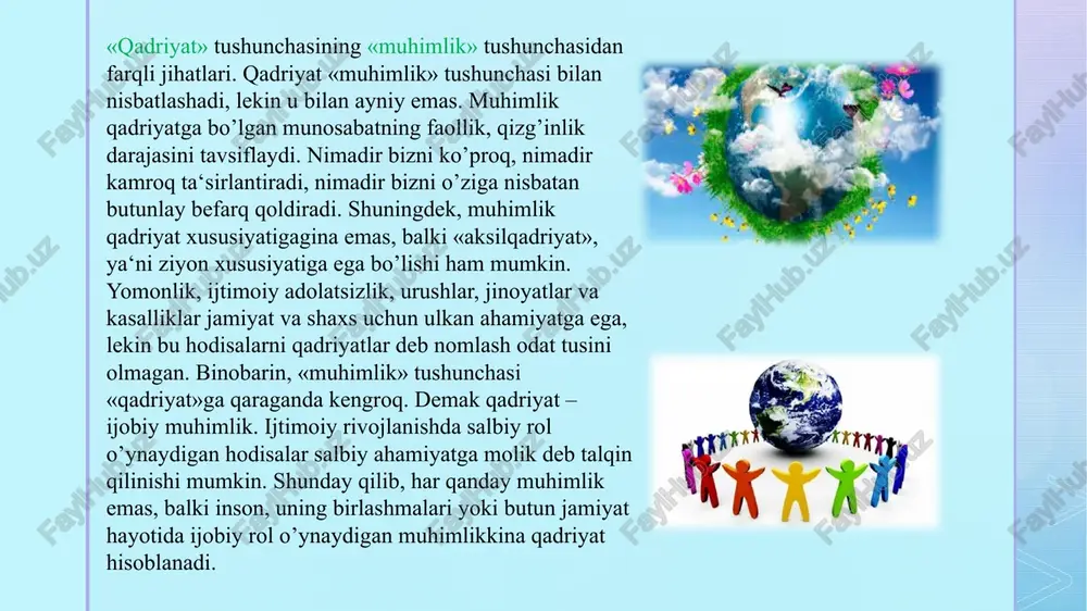 tilishlar, afzalliklar, faoliyat ko’rinishida ro’yobga chiqib, inson hayot faoliyatining barcha turlariga ta‘sir ko’rsatadi. z baholashning mohiyatini teranroq anglab yetish uchun uni «qadriyat» bilan solishtirish o’rinli bo’ladi. baholash va qadriyat – bir-biri bilan uzviy bog’liq bo’lgan tushunchalar, lekin ularning o’rtasida jiddiy farq ham mavjud. xo’sh, bu farq nimalarda ko’rinadi? birinchidan, qadriyat biz baho berayotgan narsa, ya‘ni baholash predmeti bo’lsa, baholash – bu baho berish jarayoni, ya‘ni aqliy faoliyat bo’lib, uning natijasi o’laroq borliqning muayyan predmeti biz uchun qanday qimmatga ega ekanligi aniqlanadi. predmetni yoki uning xossasini foydali, yoqimli, yaxshi, chiroyli deb topib, biz baholashni amalga oshiramiz. ikkinchidan, faqat ijobiy ahamiyat kasb etuvchi qadriyatlardan farqli o’laroq («salbiy qadriyatlar» bo’lishi mumkin emas), berilgan baho ijobiy bo’lishi ham, salbiy bo’lishi ham mumkin. biz muayyan predmetni yoki uning xossasini foydali emas, balki zararli deb topishimiz, muayyan xattiharakatni yomon, axloqqa zid deb baholashimiz, ko’rilgan filmni mantiqsizdeb qoralashimiz mumkin. bunday fikrlarning barchasi baholash hisoblanadi. ehtiyojlar va qadriyatlar …