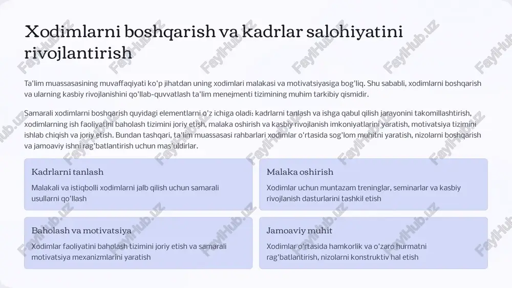iqlashtirish uchun mas'uldirlar. innovatsion texnologiyalarni joriy etish quyidagi yo'nalishlarda amalga oshirilishi mumkin: o'quv xonalarini zamonaviy texnik vositalar bilan jihozlash, masofaviy ta'lim platformalaridan foydalanish, virtual va kengaytirilgan reallik texnologiyalarini qo'llash, sun'iy intellekt asosidagi o'qitish tizimlarini joriy etish. bundan tashqari, o'qituvchilarni yangi texnologiyalardan foydalanishga o'rgatish va ularning raqamli ko'nikmalarini rivojlantirish ham muhimdir. raqamli infratuzilma zamonaviy kompyuter sinflari, yuqori tezlikdagi internet, wi-fi tarmoqlari mobil qurilmalar planshetlar va smartfonlardan o'quv jarayonida foydalanish bulutli texnologiyalar o'quv materiallari va topshiriqlarni saqlash va almashish uchun bulutli xizmatlar vr/ar texnologiyalari virtual va kengaytirilgan reallik orqali o'qitishni yangi darajaga ko'tarish 6 hamkorlik va tashqi aloqalarni rivojlantirish ta'lim muassasasi muvaffaqiyati ko'p jihatdan uning tashqi aloqalari va hamkorlik munosabatlariga bog'liq. shu sababli, ta'lim muassasasi menejerlari mahalliy hamjamiyat, biznes vakillari, boshqa ta'lim muassasalari va davlat organlari bilan samarali aloqalarni o'rnatish va rivojlantirish uchun mas'uldirlar. hamkorlik va tashqi aloqalarni rivojlantirish quyidagi yo'nalishlarda amalga oshirilishi mumkin: mahalliy korxonalar bilan amaliyot o'tash bo'yicha shartnomalar tuzish, …
