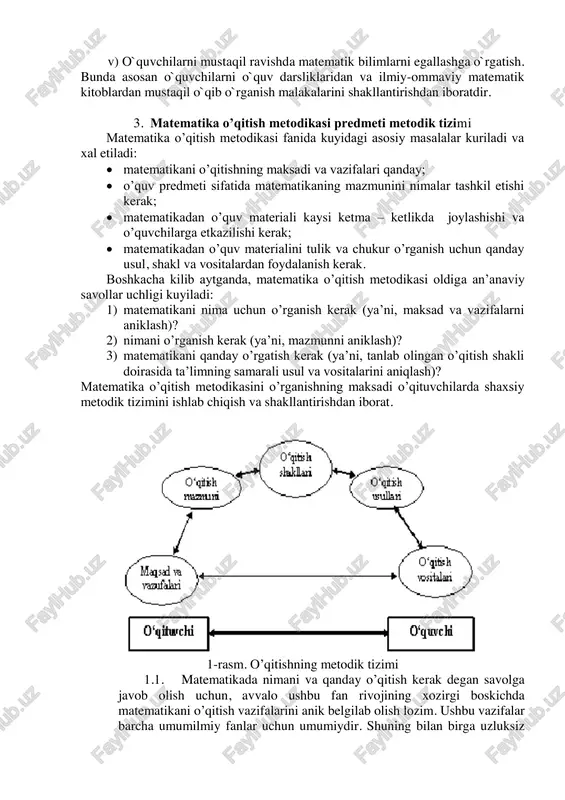esa o`quvchilarning fazoviy tasavvur qilishlari shakllanadi hamda mantiqiy tafakkur qilishlari yanada rivojlanadi. matematika o`qitishning tarbiyaviy maqsadi o`z oldiga quyidagilarni qo`yadi: a) o`quvchilarda ilmiy dunyoqarashni shakllantirish. bu g`oya bilish nazariyasi asosida amalga oshiriladi. b) o`quvchilarda matematikani o`rganishga bo`lgan qiziqishlarni tarbiyalash. bizga ma’lumki, matematika darslarida o`quvchilar o`qishning dastlabki kunlaridanoq mustaqil ravishda xulosa chiqarishga o`rganadilar. ular avvalo kuzatishlar natijasida, so`ngra esa mantiqiy tafakkur qilish natijasida xulosa chiqaradilar. ana shu chiqarilgan xulosalar matematik qonuniyatlar bilan tasdiqlanadi. matematika o`qituvchisining vazifasi o`quvchilarda mustaqil mantiqiy fikrlash qobiliyatlarini shakllantirish bilan birga ularda matematikaning qonuniyatlarini o`rganishga bo`lgan qiziqishlarini tarbiyalashdan iboratdir. v) o`quvchilarda matematik tafakkurni va matematik madaniyatni shakllantirish. matematika darslarida o`rganiladigan har bir matematik xulosa qat’iylikni talab qiladi, bu esa o`z navbatida juda ko`p matematik tushuncha va qonuniyatlar bilan ifodalanadi. o`quvchilar ana shu qonuniyatlarni bosqichma- bosqich o`rganishlari davomida ularning mantiqiy tafakkur qilishlari rivojlanadi, matematik xulosa chiqarish madaniyatlari shakllanadi. o`quvchilarni biror matematik qonuniyatni ifoda qilmoqchi bo`lgan fikrlarni simvolik tilda to`g`ri …