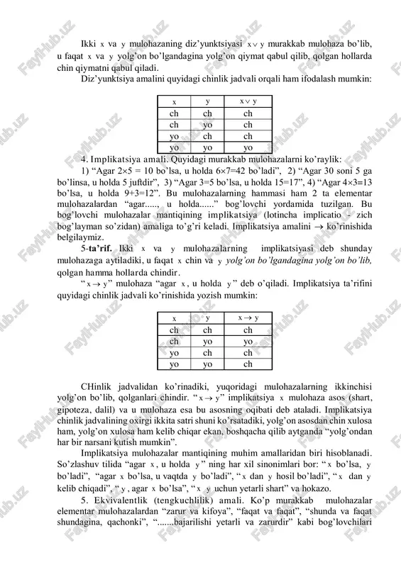 y mulohazalarning ikkalasi ham yolg’on bo’lsa, u holda “ x yoki y ” mulohaza shubhasiz yolg’on bo’ladi. agar x chin va y yolg’on (yoki x yolg’on va y chin) bo’lsa, u holda “ x yoki y ” ni chin deb qarash kerak, bu esa o’zbek tilidagi “yoki” so’zining ma’nosiga to’g’ri keladi. ammo har ikkala x va y mulohazalar chin bo’lganda “ x yoki y ” mulohazalar chin bo’ladi. bu vaqtda “ x yoki y ” mulohazaga qanday qarash kerak? masalan, “bugun yakshanba yoki men kinoga boraman” mulohazani olaylik. agar bugun yakshanba va men kinoga borsam, u holda bu mulohaza chin yoki yolg’onmi? o’zbek tilida “yoki” bog’lovchisi bir ma’noda, ba’zan esa boshqa ma’noda ishlatiladi. agar yuqoridagi mulohazani chin deb qarasak, u holda “yoki” ni rad etmaydigan ma’noda, ikkinchi holda “yoki” ni rad etuvchi ma’noda ishlatilayapti deymiz. 4-ta’rif. rad etmaydigan ma’noda ishlatiladigan “yoki” mantiqiy amal diz’yunktsiya (lotincha disjunctio - farq qilaman so’zidan) …