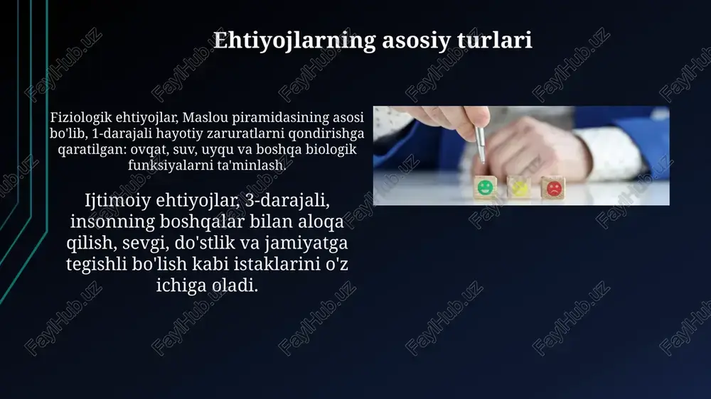 'sish sur'atlari to'g'ridan-to'g'ri bog'liq, bunda asosiy ehtiyojlarning 85% qondirilishi yaimning 5-7% ga oshishiga olib kelishi mumkin. ehtiyojlarni qondirishning zamonaviy usullari onlayn ta'lim platformalari 24/7 resurslar bilan ta'minlab, individual ehtiyojlarga moslashadi va o'quv jarayonini yanada qulay va samarali qiladi. vr/ar texnologiyalari yordamida immersiv tajribalar yaratiladi, bu esa 3d muhitda o'rganish va ko'ngil ochish imkoniyatini berib, ehtiyojlarni qondiradi. xulosa xulosa shuni ko'rsatadiki, inson ehtiyojlarining qondirilishi, maslou piramidasining 5 bosqichida, 70% fiziologik va 60% xavfsizlikka erishish bilan bevosita bog'liq. tahlil shuni tasdiqlaydiki, ehtiyojlarning kompozitsiyasi subyektiv va individualdir, bunda 35% holatlarda ijtimoiy ehtiyojlar moddiy ehtiyojlardan ustun turadi. e'tiboringiz uchun rahmat image2.jpg image3.jpg image4.jpg image5.jpg image6.jpg image7.jpg image8.jpg image9.jpg image10.jpg image11.jpg image12.jpg image13.jpg image14.jpg image15.jpg image16.jpg image17.jpg image18.jpg