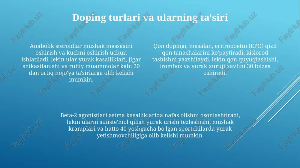 fiq ravishda tahlil qilish 150% shaffof jarayonni ta'minlaydi. sportchilar uchun individual xavf omillarini baholash va ularning salomatligini himoya qilish maqsadida shifokorlar bilan ertalabki maslahatlashuvlarni o'tkazish, ayniqsa 20-25 yoshdagilarga. doping bo'yicha so'nggi yangiliklar va tendentsiyalar 2023-yilda ko'plab sportchilar anabolik steroidlar va peptid gormonlari kabi moddalarni iste'mol qilgani uchun diskvalifikatsiya qilindi, bu esa dopingga qarshi qat'iy choralar ko'rish zarurligini ko'rsatadi. so'nggi tendentsiyalardan biri bu gen dopingi bo'lib, u sportchilarning ishlashini yaxshilash uchun genlarni o'zgartirishni o'z ichiga oladi va aniqlashda qiyinchiliklar tug'diradi. mikrodozalash, sportchilarning ishlashini oshirish uchun juda kichik dozalarda taqiqlangan moddalarni qabul qilish keng tarqalgan bo'lib, uni aniqlash analitik usullar bilan qiyin. dopingga qarshi ta'lim va profilaktika dopingga qarshi taʼlim dasturlari sportchilarga 10 dan ortiq taqiqlangan moddalar guruhlari va ularning salomatlikka 20 dan ortiq salbiy taʼsirlari haqida bilim beradi. profilaktika tadbirlari, shu jumladan 5 martalik interaktiv seminarlar sportchilarni dopingning 3 asosiy xavfi va oqibatlari haqida ogohlantiradi. dopingga qarshi axborot kampaniyalari sportning 7 …