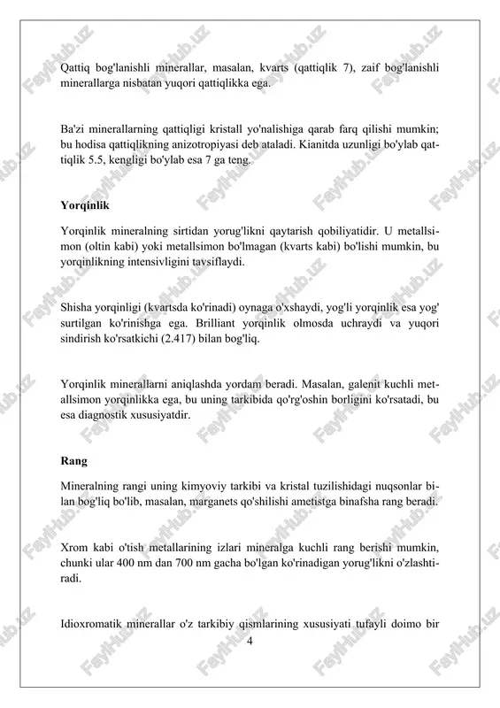 bo'lmagan minerallar yorug'likni o'tkazmaydi; yorug'likning 0% o'tishi bilan, ularning tuzilishida juda ko'p miqdorda yutilish sabab bo'ladi. magnitlanish magnitlanish, jismning magnit maydon ta'sirida doimiy magnit momentiga ega bo'lish qobiliyatidir, bu ko'pincha temir oksidlari kabi minerallarda uchraydi, xususan magnetit (fe3o4). magnitlanish darajasi minerallarning tarkibi va kristall tuzilishiga bog'liq; masalan, pirrotit (fe1-xs) tarkibida temir etishmasligi tufayli magnetitga nisbatan kamroq kuchli magnitlanishga ega. sestseptivlik deb ataladigan magnitlanishning miqdoriy o'lchovi, magnit maydonning kuchiga nisbatan magnitlanganlikning intensivligini aniqlaydi, geologik izlanishlarda foydali diagnostika vositasidir. fluoressentsiya fluoressensiya - bu mineralning ultrabinafsha (uv) nurlanishiga duchor bo'lganda ko'rinadigan yorug'lik chiqarish xususiyati bo'lib, 254 nm yoki 365 nm to'lqin uzunliklarida kuzatilishi mumkin. ba'zi minerallar faqat qisqa to'lqinli uv nurlanishiga (taxminan 200-280 nm) ta'sir qilganda fluoressensiya qiladi, boshqalari esa uzoq to'lqinli uv (315-400 nm) ostida fluoressensiya beradi, rang farq qilishi mumkin. fluoressensiya aktivatorlar deb ataladigan iz miqdordagi aralashmalar (masalan, mn2+, uo2+) tufayli yuzaga keladi; bu aralashmalar mineralning kristall panjarasida elektronlarni qo'zg'atadi va …