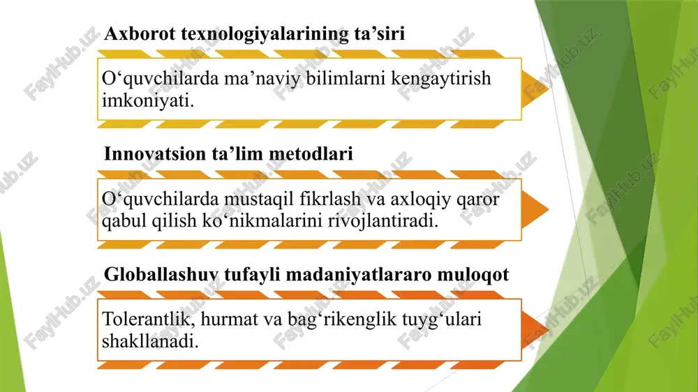 sida ma'lumot yo'qligi (yoki buzilganligi); bolalikning turli davrlarida rivojlanish va tarbiya ustuvorliklari masalalarida zamonaviy ota-onalarning hayratlanarli savodsizligi; zamonaviy ijtimoiy-madaniy muhit; pravoslav ta'lim an'analarini o'zlashtirishda jamoat tajribasining kamligi; ota-onalar va o'qituvchilarning shaxsiy hayotiy ma'naviy tajribasining etishmasligi; zamonaviy davrda ahloqiy tarbiya jamiyatning ma’naviy hayotida muhim o‘rin tutadi. bugungi kunda axborot texnologiyalarining rivojlanishi, globallashuv jarayonlari va ijtimoiy tarmoqlarning keng tarqalishi natijasida yoshlarning dunyoqarashi, qadriyatlarga bo‘lgan munosabati ham o‘zgarib bormoqda. shu boisdan ahloqiy tarbiya masalasi yangicha yondashuvni talab qiladi. zamonaviy ahloqiy tarbiyaning eng katta yutuqlaridan biri — bu tarbiyaviy ishlarning turli shakl va vositalar bilan boyitilganidir. maktab, oila, ommaviy axborot vositalari, internet platformalari orqali yoshlar ongiga ijobiy g‘oyalarni singdirish imkoniyati kengaydi. shuningdek, milliy qadriyatlar va umuminsoniy axloqiy me’yorlarni uyg‘unlashtirish orqali barkamol shaxsni tarbiyalashda muhim natijalarga erishilmoqda. ta’lim tizimida o‘quvchilarni mustaqil fikrlashga, o‘z xatti-harakatlari uchun mas’uliyatni his etishga o‘rgatish yo‘lga qo‘yilgan. biroq bu jarayonda kamchiliklar ham mavjud. eng avvalo, ayrim hollarda axloqiy tarbiya nazariyada to‘g‘ri …