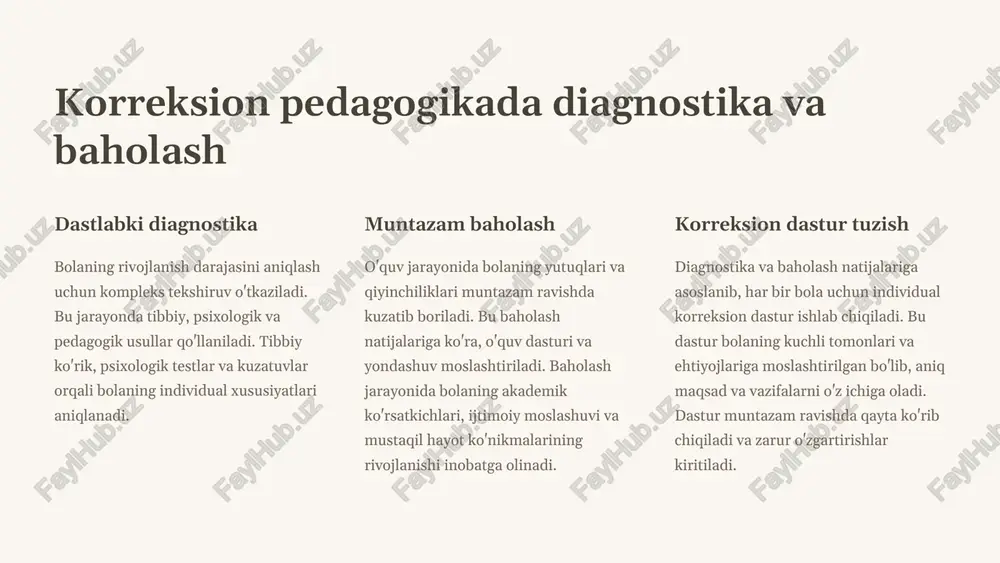 rish ko'nikmalarining ortishi qo'shma tadbirlar ijtimoiy aloqalarni mustahkamlash bolaning ijtimoiy moslashuvi va o'ziga bo'lgan ishonchining ortishi uy vazifalarini birgalikda bajarish ota-onalarni o'quv jarayoniga jalb qilish ta'lim samaradorligining oshishi va oilaviy munosabatlarning yaxshilanishi 8 korreksion pedagogikada zamonaviy tendensiyalar raqamli texnologiyalar sun'iy intellekt, virtual va kengaytirilgan reallik texnologiyalari korreksion pedagogikada faol qo'llanilmoqda. masalan, autizm spektri buzilishi bo'lgan bolalar uchun ijtimoiy vaziyatlarni simulyatsiya qiluvchi vr dasturlari ishlab chiqilmoqda. bu texnologiyalar o'quvchilarning qiziqishini oshiradi va murakkab tushunchalarni o'zlashtirishni osonlashtiradi. neyropedagogika miya faoliyati va ta'lim jarayoni o'rtasidagi bog'liqlikni o'rganuvchi bu yo'nalish korreksion pedagogikada yangi imkoniyatlar ochmoqda. neyrovizualizatsiya usullari yordamida bolaning individual xususiyatlarini aniqlash va unga mos ta'lim dasturini ishlab chiqish mumkin bo'lmoqda. bu yondashuv ayniqsa kognitiv buzilishlari bo'lgan bolalar uchun samarali hisoblanadi. ekologik yondashuv korreksion pedagogikada bolaning atrofidagi barcha muhitni inobatga olish tendensiyasi kuchaymoqda. bu nafaqat maktab va oilani, balki jamoat joylarini ham o'z ichiga oladi. maqsad - bolaning har qanday muhitda o'zini qulay his …