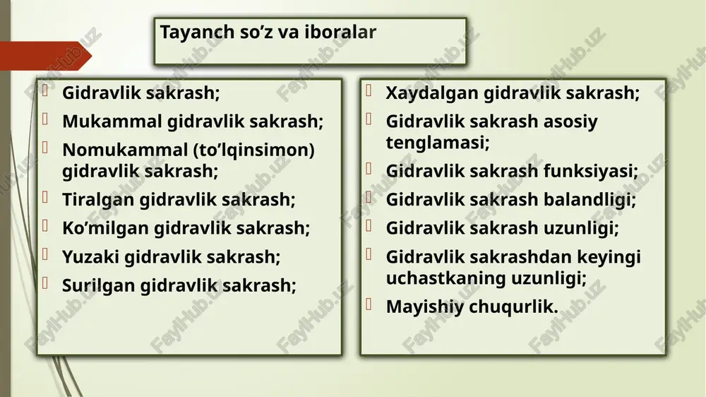 – ni aniqlash mumkin. jadval asosida sakrash funksiyasi grafigi quriladi: ma’lum bo’lgan qiymatiga mos ravishda pastki qismi bilan kesishguncha gorizontal chiziq o’tkazamiz. grafikdan qiymatini aniqlaymiz. , m , m2 , m gidravlik sakrashning xolatini aniqlash hisob natijasida quydagi shartqoniqtirilsa , gidravlik sakrash ko’milgan boladi hisob natijasida quydagi shart qoniqtirilsa , gidravlik sakrash siqilgan kesimda hosil boladi; hisob natijasida quydagi shart qoniqtirilsa, gidravlik sakrash xaydalgan bo’ladi. ekspluatasiyadagi va loihalanayotgan inshoatlarning pastki b’efda gidravlik sakrashning ko’milgan xolatini yaratish maqsadga muvofiqdir nisbiy chuqurliklar orqali tutashuv chuqurliklarni aniqlash a.n.raxmanov formulalari yordami bilan nisbiy chuqurliklar orqali gidravlik sakrashning tutashuv chuqurliklarni aniqlash. gidravlik sakrashgacha va sakrashdan keyingi kesimlar dagi nisbiy chuqurliklar: sakrashning uzunligini va balandligini aniqlash sakrashning uzunligi quydagicha aniqlanadi: birinchi tutashtiruvchi chuqurlik ( ) –dagi tirik kesimning suv sathidagi kengligi; ikkinchi tutashtiruvchi chuqurlik ( ) –dagi tirik kesimning suv sathidagi kengligi; sakrash (girdob)ning balandligini aniqlash: gidravlik sakrash uzunligini aniqlash formulalaridan na’munalar a. to’g’ri to’rtburchak kanallar …