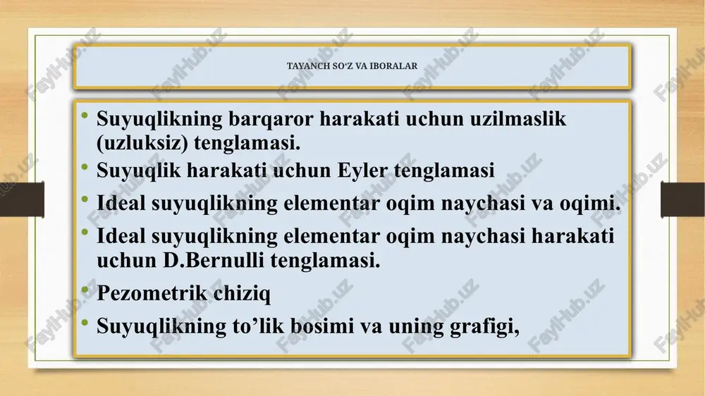 masidan foydalanish yo`li bilan bernulli tenglamasini keltirib shiqarishini tushuntiring. ideal suyuqliklar ushun harakat tenglamasi - eyler tenglamasini yozing. eyler tenglamasining ma’nosini tushuntiring. pezometrik chizik hamda suyuqlik bosimi chizig’lariga ta’rif bering. ideal suyuqlikning elementar oqim naychasi harakati uchun d.bernulli tenglamasini yozing va tushuntiring. kinetik energiyaning o`zgarish qonunidan foydalanib bernulli tenglamasini keltirib shiqarishini tushuntiring. e’tiboringiz uchun raxmat ma’ruzachi: katta o’qituvchi d.a.saidxodjayeva. tel: +99890-525-33-20 image5.png image6.png image7.wmf image8.wmf image9.wmf image10.wmf oleobject4.bin image12.png image13.png image11.jpeg oleobject1.bin oleobject2.bin oleobject3.bin image14.jpeg image15.wmf image16.wmf image17.wmf image18.wmf image19.wmf image20.wmf oleobject9.bin oleobject10.bin oleobject5.bin oleobject6.bin oleobject7.bin oleobject8.bin image21.wmf oleobject11.bin image22.wmf image23.wmf image24.wmf image25.wmf image26.wmf image27.wmf image28.wmf oleobject16.bin oleobject17.bin oleobject18.bin oleobject12.bin oleobject13.bin oleobject14.bin oleobject15.bin image29.wmf oleobject19.bin image30.jpeg image31.wmf image32.wmf image33.wmf oleobject20.bin oleobject21.bin oleobject22.bin image34.wmf image35.wmf image36.wmf oleobject23.bin oleobject24.bin oleobject25.bin image37.wmf image38.wmf oleobject26.bin oleobject27.bin image39.wmf image40.wmf oleobject28.bin oleobject29.bin image41.wmf image42.wmf image43.wmf oleobject30.bin oleobject31.bin oleobject32.bin oleobject33.bin oleobject34.bin oleobject35.bin image44.jpeg image45.wmf image46.wmf image47.wmf oleobject36.bin oleobject37.bin oleobject38.bin image3.png image4.png const ds u ds u ds …