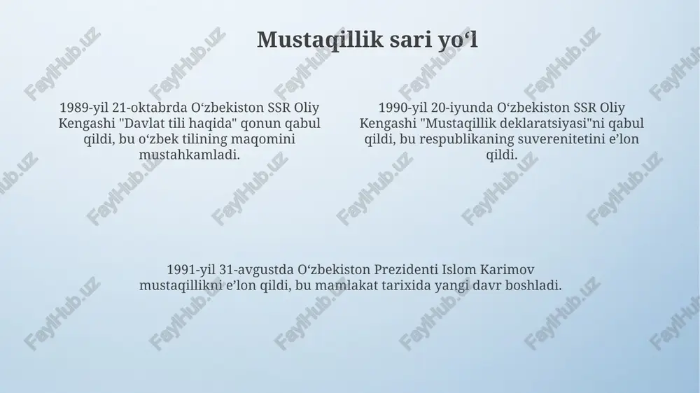 ik 25-asr ahamiyatga ega, buyuk ipak yoʻlining markaziy chorrahasida joylashgan. oʻzbekiston mintaqadagi eng koʻp aholiga ega davlat boʻlib, 35 milliondan ortiq aholisi bilan siyosiy va iqtisodiy jihatdan oʻzining 27-bosimini oʻtkazadi. milliy tiklanish va madaniy meros “milliy tiklanish” tushunchasi 1990-yillarning boshida oʻzbekistonda milliy oʻzlikni anglash va madaniy merosni qayta tiklash jarayonlarini anglatadi. madaniy merosni muhofaza qilish maqsadida 1992-yilda “madaniyat va san’at toʻgʻrisida”gi qonun qabul qilindi, bu sohada davlat siyosatini belgilab berdi. milliy tiklanish jarayoni alisher navoiyning 550 yilligi kabi yubileylarni nishonlash orqali milliy adabiyot va san’atga e’tiborni kuchaytirdi. ijtimoiy-iqtisodiy rivojlanishning asosiy bosqichlari o'tish davri (1991-1996) ijtimoiy-iqtisodiy chuqur inqirozni ko'rsatdi, yaim sezilarli darajada qisqardi, inflatsiya darajasi esa 1000% dan oshib ketdi. xususiylashtirish jarayonlari boshlandi. iqtisodiy barqarorlashuv (1996-2003) davrida makroiqtisodiy ko'rsatkichlar yaxshilandi, inflatsiya 20% gacha pasaydi, xorijiy investitsiyalar hajmi sezilarli darajada o'sdi, kichik biznes rivojlandi. modernizatsiya va diversifikatsiya (2003 yildan hozirgi kungacha) iqtisodiyotni diversifikatsiya qilish, eksport salohiyatini oshirish, innovatsiyalarni joriy etish, xalqaro hamkorlikni …