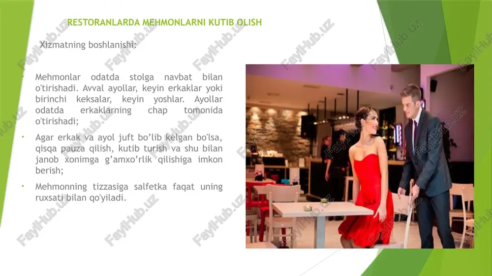 xizmat ko'rsatish to'rt bosqichni o'z ichiga oladi: mehmonxonaga kelishdan oldin (xona bron qilish, oldindan to'lash). mehmonxonaga kelish, ro'yxatdan o'tish va yangi mehmonni joylashtirish. turar joy davomida mehmonlarga xizmat ko'rsatish. mehmonxonadan jo'nab ketish, shu jumladan oxirgi to'lov. mehmonlarni kutib olish zarur bo'lganda, mehmon kelishidan oldin ham, uni qabul qilish uchun yakuniy tayyorgarlik amalga oshiriladi: xonani sanitariya jihatdan tayyorlash, tashqi hamkorlarga qo'shimcha xizmatlarga oldindan buyurtma berish, shuningdek, mehmonni aeroport yoki vokzalda kutib olish. mehmonxonaga kelgandan so'ng, ro'yxatdan o'tish va hisob-kitob qilish bosqichi boshlanadi. ayni paytda mijoz birinchi va eng muhim taassurotni oladi, shuning uchun bu jarayon imkon qadar tez, qulay va yoqimli bo'lishi kerak. xushmuomalalik, do'stona munosabat, mijozning ehtiyojlariga e'tibor, shuningdek, ularni tezda hal qilish - ijobiy taassurotning asosiy tarkibiy qismlari. mehmonlarga yashash vaqtida xizmat ko'rsatishni tashkil etish mehmonxona xonalarini har qanday tozalash uchun quyidagi qoidalarga amal qilishingiz kerak: xonada tozalash faqat mehmon yo'qligida yoki uning roziligi bilan mumkin; xizmatkorlar xonani iloji …