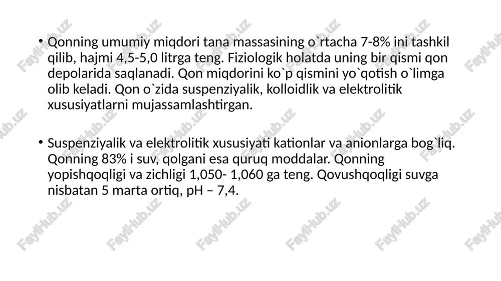 ishtirokchisi bo`lganligi sababli organism sensibilizatsiyasida ular miqdori oshadi. eozinofillar oz bo`lsada oqsil sintezlay oladi. energiya hosil bo`lishi asosan faol glikolizga bog`liq; oksidlanishli fosforlanish nisbatan kam. neytrofillar singari eozinofil hujayralarida peroksidaza va lizosomal fermentlarining katta to`plami mavjud, lekin lizotsim uchramaydi. eozinofillar gistaminni to`plash va faolsizlantirish xususiyatiga ega, ularda trombning ―erishida‖ ishtirok etuvchi profibrinolizin, bradikininni faolsizlantiruvchi – kininaza fermentlari mavjud limfotsitlar gumoral va hujayra ichki immunitetini shakllanishida muhim vazifani bajaradi. limfotsitlarning ixtisoslashgan funktsiyasi immunoglobulinlar konveyer holida ishlab chiqarishni talab etadi. ular faolligi jihatidan nafaqat hamma qon hujayralari, boshqa organ va to`qimalardagidan ham yuqori bo`lgan kuchli oqsil sintezlovchi apparatga ega. limfotsitlarda aerob energiya ishlab chiqarish mexanizm glikolizga nisbatan faolroq. trombotsitlar qon ivishining hamma bosqichlarida ishtirok etadi. ularda rnk va oqsil sintezi uchun zarur barcha komponentlar bor. energiya hosil bo`lishi ko`proq glikoliz jarayoniga bog`liq. trombotsitlarda turli xil modda almashinuvi reaktsiyalarini kuzatsa bo`ladi. tarkibida katta miqdorda serotonin to`planadi. qonning biokimyoviy vazifalari va tavsifi. qon quyidagi …