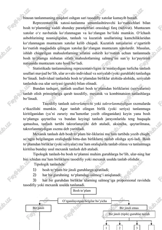 shonchlilik darajasini iloji boricha obyektiv holda aniqlashdan iborat. tanlanmalar kichik hajmda bo‘lganda, ularni tekshirish natijalariga asoslanib boshlang‘ich to‘plamda belgining chin qiymati yotadigan tor chegaralarni aniqlash juda qiyin. bu holda tekshirish vazifasi boshlang‘ich to‘plamdagi korrelyatsiya me’yorini belgilash emas, balki me’yori qanday bo‘lishidan qat’iy nazar, to‘plamda korrelyatsiya mavjudligi aniqmi, boshqacha aytganda, tanlamada kuzatilgan korrelyatsiya muhimmi degan masalani oydinlashtirishdan iborat. shuning uchun kichik tanlanmalarga bag‘ishlangan ko‘pchilik tekshirishlar o‘ziga xos xususiyatga ega. ularda statistik ko‘rsatkichlarning aniqliligini baholash, ularning muhimligini aniqlash asosiy maqsad deb qaraladi. bunday baholashlar uchun ishlab chiqilgan usullar katta tanlamalarda ham qo‘llanishi mumkin va haqiqatda qo‘llanadi. 2. tanlanmaning reprezentativligi va uni ta’minlaydigan tanlash usullari bosh to‘plam-bu o‘rganiladigan ko‘p hajmli birliklar majmuasidir. tanlanma to‘plam yoki qisqacha tanlanma - bosh to‘plamdan kuzatish uchun tanlab olingan birliklar yig‘indisi. tanlanma kuzatish ma’lumotlari bilan bosh to‘plamni xarakterlash ularning umumiylashtiruvchi ko‘rsatkichlari orqali amalga oshiriladi. buning uchun tanlanma bosh to‘plamning barcha muhim xususiyatlarini o‘zida mujassamlashtirgan bo‘lishi kerak. agar tanlanmada …