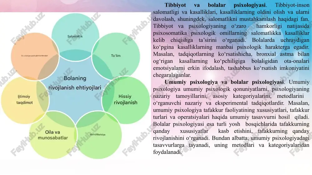 psixologiya psixik jarayonlarning paydo bo‘lishi va rivojlanishini o‘rganadi. bolalar psixologiyasining predmeti esa faqat psixik jarayonlar taraqqiyoti bilangina cheklanib qolmaydi. bolalar psixologiyasi: nazariya va amaliyot: psixologiya fani nazariyasi va amaliyoti ajralmas birlikni tashkil etadi. albatta, ular o‘tasida muayyan farqlar mavjud. o‘rtadagi farq ularning maqsadlari, kontseptual apparati, metodologiyasi va ular doirasida amalga oshiriladigan chora tadbirlarda yaqqol namoyon bo‘ladi. fundamental - nazariy tadqiqotlarning asosiy maqsadi amaliyot uchun bo‘lgan ahamiyatidan qat’iy nazar, psixik hodisalar haqidagi bilimlarni kengaytirib borishdan iborat. amaliy psixologiya esa kundalik hayot bilan bog‘liq konkret muammolarni hal etishga qaratilgan tadqiqotlarni o‘tkazadi. fundamental tadqiqotlarda tadqiqotchi shaxsining ta’sirisiz ham ilmiy metod o‘z vazifalarini bajaradi. ammo amaliy psixologiyada psixolog shaxsi metodining ajralmas qismi bo‘lib hisoblanadi. nazariy izlanishlarda qo‘llanayotgan metodlarning ishonchliligi, validligi, reprezentativligi muhim ahamiyat kasb etsa, amaliy psixologiyada bular asosiy rolni o‘ynaydi. shunga qaramay, bola psixik taraqqiyotiga hos qonuniyatlar va nazariy bilimlarni egallabgina taraqqiy professional mutaxassis psixolog, tarbiyachi bo‘lib yetishish mumkin. l.f.obuxova o‘rinli ta’kidlaganidek, bolalar …