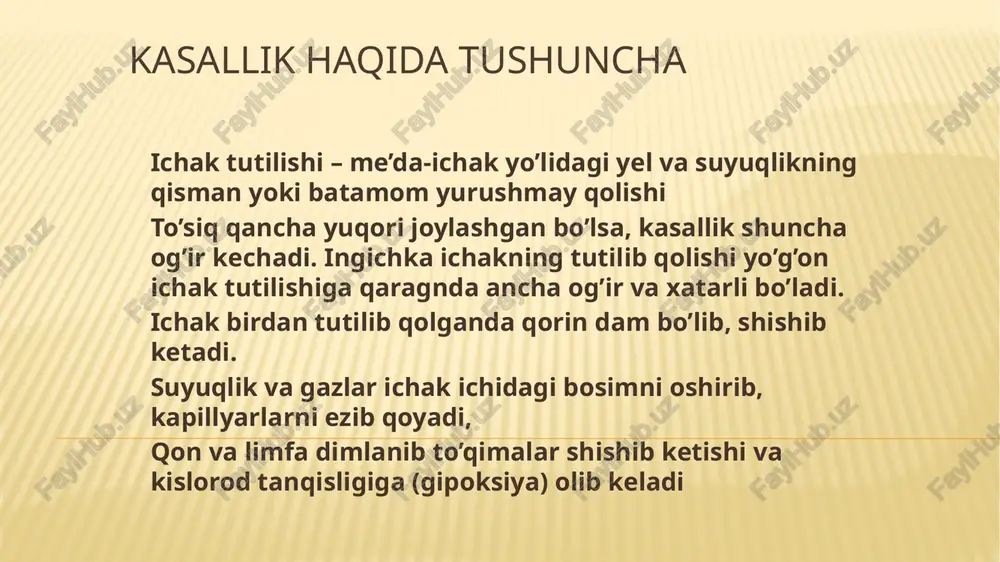 kin. belgilari: valya simptomi qayt qilish. qusuq massasi: xidli, quyqali, safro aralash, xatto mekoniyli, ichak suyuqligi bilan aralashgan ham bo’ladi. to’liq ichak tutilishi bo’lsa mekoniy kelmaydi. tekshiruv usullari: shoshilinch xirurgiyaga yotqizish; obzorniy rentgenogramma; irrigografiya; qon taxlili. kt. davosi : operativ . pastki ichak tutilishi tugma pastki ichak tutilishiga duodenal tutilishdan, anorektal anomaliyalardan va girshprung kasalligidan tashkari ingichka va yugon ichak tutilishlarining xamma turlari kiradi. pastki ichak tutilishiga ichaklar atreziyasi, membrana, ichaklarni kistoz ikkilanishi, ingichka ichak tutkichining limfangiomasi, mukovitsidozning ichak formasi sabab bulishi mumkin. bu nuksonlardan eng kup uchraydigani enbosh ichak atreziyasi xisoblanadi. klinik manzarasi bola xaetining 1 – sutkalarida pastki ichak tutilish belgilari yakkol namoen buladi. bola tugilganda korni dam buladi. oshkozondan tuplangan ajralmalar chikib, mekoniy bulmaydi, tugri ichakdan shillik ajraladi. pastki ichak tutilishida asosiy tekshirish usuli bulib, vertikal xolatda 2 proektsiyada obzor rentgenogramma kilish xisoblanadi. rentgenogrammada ingichka ichakdan bir nechta gorizontal satxli suyuklik aniklanadi – “kloyber kosachalari”. tutilish kancha …
