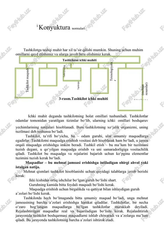 a erishishga imkon beradi. tashkil etish – bu ma’lum bir tuzilmani tuzish degani, u qo‘yilgan maqsadga erishib va uni samaradorligiga vositachilik qiladi. tashkilot bu maqsadga va rejalarini bajarish uchun ko‘pgina elementlar tuzimini tuzish kerak bo‘ladi. maqsadlar – bu mehnat jamoasi erishishga intiladigan ohirgi ahvol yoki istalgan natija. mehnat qismlari tashkilot hisoblanishi uchun quyidagi talablarga javob berishi kerak: ikki kishidan ortiq ishchilar bo‘lgan guruh bo‘lishi shart. guruhning kamida bitta foydali maqsadi bo‘lishi kerak. maqsadga erishish uchun birgalikda va qattiyat bilan ishlaydigan guruh a’zolari bo‘lishi kerak. tashkilotda hech bo‘lmaganda bitta umumiy maqsad bo‘ladi, unga mehnat jamoasining barcha a’zolari erishishga harakat qiladilar. tashkilotlar, bir necha o‘zaro bog‘langan maqsadlarga bo‘lgan tashkilotlar murakkab deyiladi. rejalashtirilgan maqsadlar real va bajariladigan bo‘lishi kerak. rejalashtirish jarayonida tashkilot boshqarmasi maqsadlarni ishlab chiwaradi va a’zolarga ma’lum qiladi. bu jarayonda tashkilotning barcha a’zolari ishtirok etadi. o‘zaro maqsadlarni belgilash kelishuvi tashkilot a’zolariga yordam beradi, har biri nimaga ishlailishini biladi. tashkilot tuzilmasi – …