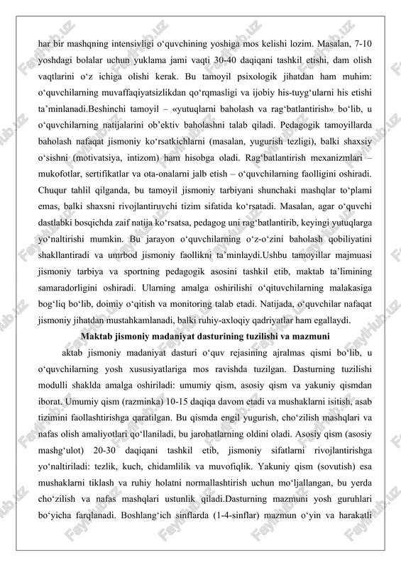 ichda zaif natija ko‘rsatsa, pedagog uni rag‘batlantirib, keyingi yutuqlarga yo‘naltirishi mumkin. bu jarayon o‘quvchilarning o‘z-o‘zini baholash qobiliyatini shakllantiradi va umrbod jismoniy faollikni ta’minlaydi.ushbu tamoyillar majmuasi jismoniy tarbiya va sportning pedagogik asosini tashkil etib, maktab ta’limining samaradorligini oshiradi. ularning amalga oshirilishi o‘qituvchilarning malakasiga bog‘liq bo‘lib, doimiy o‘qitish va monitoring talab etadi. natijada, o‘quvchilar nafaqat jismoniy jihatdan mustahkamlanadi, balki ruhiy-axloqiy qadriyatlar ham egallaydi. maktab jismoniy madaniyat dasturining tuzilishi va mazmuni aktab jismoniy madaniyat dasturi o‘quv rejasining ajralmas qismi bo‘lib, u o‘quvchilarning yosh xususiyatlariga mos ravishda tuzilgan. dasturning tuzilishi modulli shaklda amalga oshiriladi: umumiy qism, asosiy qism va yakuniy qismdan iborat. umumiy qism (razminka) 10-15 daqiqa davom etadi va mushaklarni isitish, asab tizimini faollashtirishga qaratilgan. bu qismda engil yugurish, cho‘zilish mashqlari va nafas olish amaliyotlari qo‘llaniladi, bu jarohatlarning oldini oladi. asosiy qism (asosiy mashg‘ulot) 20-30 daqiqani tashkil etib, jismoniy sifatlarni rivojlantirishga yo‘naltiriladi: tezlik, kuch, chidamlilik va muvofiqlik. yakuniy qism (sovutish) esa mushaklarni tiklash …
