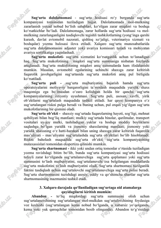 sug‘urta kompaniyasi va sug‘urtalanuvchi o‘rtasidagi yozma bitim. bu bitimga muvofiq, tegishli davr mobaynida sug‘urtalanuvchi barcha ob’ektlarni sug‘urta kompaniyasiga sug‘urtalash uchun beradi. chet el tajribasida bu bitim «ochiq polis» yoki «polis-abonament» deyiladi. mazkur bosh polis asosida sug‘urtalash tashqi savdo yuklari sug‘urtasida keng tarqalgan. sug‘urtalanuvchi sug‘urta kompaniyasiga har bir jo‘natilgan yuk haqidagi ma’lumotlar (yukning vazni, sug‘urta summasi, yukni jo‘natish va qabul qilib olish punktlari) bayon etilgan arizani taqdim etsa etarli, yuk avtomatik ravishda sug‘urtalangan hisoblanadi. kvotali qayta sug‘urtalash - sug‘urta kompaniyasi qayta sug‘urtalovchi kompaniya bilan kelishgan holda unga risklarni bir qismini beradi. bu operatsiya kvota shartnomasi orqali rasmiylashtiriladi. qayta sug‘urtalovchi kompaniyaga sug‘urta mukofotini tegishli qismi beriladi va qayta sug‘urtalovchi kompaniya mutanosib ravishda ko‘rilgan zararni qoplashda ishtirok etadi. vositachilik haqi - mijozlarni sug‘urtaga tortganligi uchun sug‘urta kompaniyasi tomonidan vositachilarga (sug‘urta brokeri, agent) to‘lanadigan haq. vositachilik haqining miqdori sug‘urtaning turiga va kelib tushgan mukofotning hajmiga bog‘liq holda sug‘urta mukofotiga nisbatan foizlarda to‘lanadi. sug‘urta polisi …