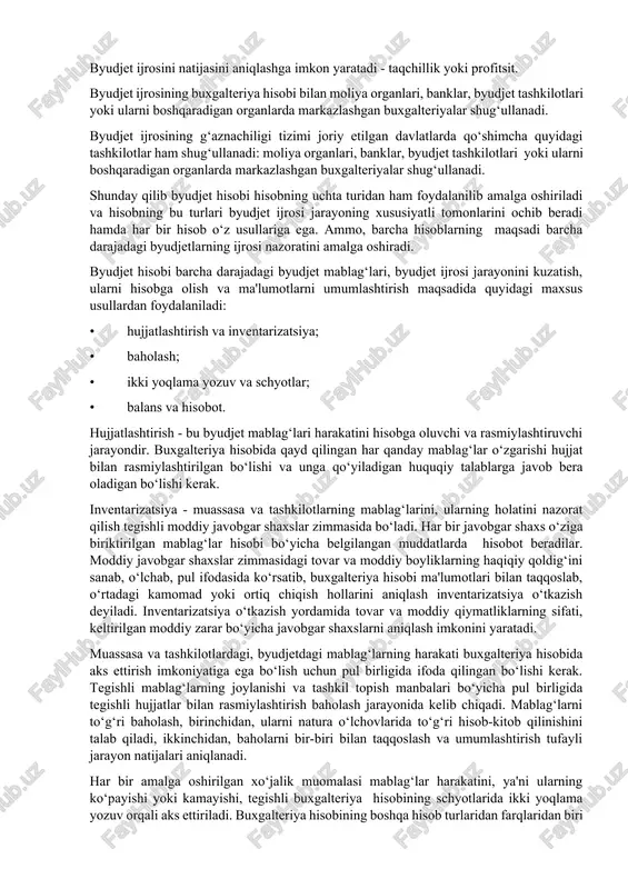 alarda va hisobotlarda to‘planib boriladi. statistik hisob - xalq xo‘jaligi tarmoqlarida keng tarqalgan turi bo‘lib, unda muayyan bir sharoitda to‘liq kuzatish yo‘li bilan ma'lum bir tanlab sohaning o‘zgarishi hisobga olinadi, ya'ni byudjetning daromadlari va xarajatlari tarkibi va hajmi, shtat va kontingentlar ko‘rsatkichlari dinamikasini xarakterlovchi natural va pul ko‘rsatkichlarini yig‘ish hisoblanadi. demak, u nafaqat pul ko‘rsatkichlari, natural ko‘rsatkichlar bilan ham bog‘liq. bu ko‘rsatkichlar byudjetning ijrosi jarayonini nazorat qilish va byudjet rejalarini to‘g‘rilash uchun zarur hisoblanadi. statistik ma'lumotlar keyingi yil byudjetni rejalashtirish uchun asos hisoblanadi. statistik hisob ma'lumotlari statistik hisobotlarda aks ettiriladi. bu hisobot statistika organlari tomonidan taqdim etiladi va moliya organlari tomonidan taqdim etiladigan hisobotlarning asosiy qismi hisoblanadi. buxgalteriya hisobi - davlat byudjetida byudjetning daromadlari va xarajatlarini, byudjet taqchilligini moliyalashtirish manbalarini uzviy va tizimli aks ettirish uchun qo‘llaniladi. asosiy xususiyatlari: - dastlabki hujjatlarda rasmiylashtirilgan ma'lumotlarga asoslanadi; - dastlabki hujjatlarga kelib tushgan barcha ma'lumotlar buxgalteriya hisobi schyotlarida aks ettiriladi; - byudjet ijrosi …
