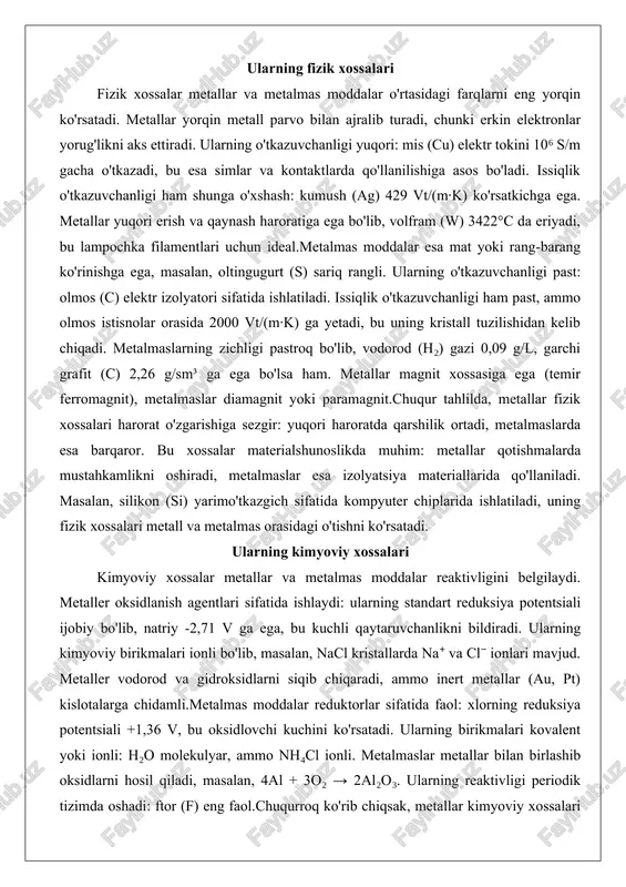 tahkamlikni oshiradi, metalmaslar esa izolyatsiya materiallarida qo'llaniladi. masalan, silikon (si) yarimo'tkazgich sifatida kompyuter chiplarida ishlatiladi, uning fizik xossalari metall va metalmas orasidagi o'tishni ko'rsatadi. ularning kimyoviy xossalari kimyoviy xossalar metallar va metalmas moddalar reaktivligini belgilaydi. metaller oksidlanish agentlari sifatida ishlaydi: ularning standart reduksiya potentsiali ijobiy bo'lib, natriy -2,71 v ga ega, bu kuchli qaytaruvchanlikni bildiradi. ularning kimyoviy birikmalari ionli bo'lib, masalan, nacl kristallarda na⁺ va cl⁻ ionlari mavjud. metaller vodorod va gidroksidlarni siqib chiqaradi, ammo inert metallar (au, pt) kislotalarga chidamli.metalmas moddalar reduktorlar sifatida faol: xlorning reduksiya potentsiali +1,36 v, bu oksidlovchi kuchini ko'rsatadi. ularning birikmalari kovalent yoki ionli: h₂o molekulyar, ammo nh₄cl ionli. metalmaslar metallar bilan birlashib oksidlarni hosil qiladi, masalan, 4al + 3o₂ → 2al₂o₃. ularning reaktivligi periodik tizimda oshadi: ftor (f) eng faol.chuqurroq ko'rib chiqsak, metallar kimyoviy xossalari katalizator sifatida qo'llanilishiga asos bo'ladi: platina vodorod reaksiyalarida ishlatiladi. metalmaslar esa selektiv reaksiyalarda ustun: uglerod karbonlashtirishda rol o'ynaydi. bu …