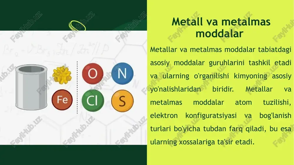 roziyasini o'rganish uchun elektrokimyoviy hujayralar ishlatiladi, bu esa qurilish materiallarining uzoq muddatli ishlashini bashorat qiladi. xulosa metall va metalmaslar fanining vazifalari – moddalar tarkibi va tuzilishini o‘rganish metodlarini ishlab chiqish, sanoat ishlab chiqarishida samarali foydalanish, atrof-muhitga ta’sirni kamaytirish yo‘llarini aniqlash va amaliy laboratoriya ishlarini tashkil etish – bir-biri bilan uzviy bog'liq bo'lib, faning nazariy va amaliy ahamiyatini belgilaydi. bu vazifalar orqali fan nafaqat texnologik innovatsiyalarni rag'batlantiradi, balki ekologik va iqtisodiy barqarorlikni ta'minlaydi. foydalanilgan adabiyotlar abduazizov n., materialshunoslik asoslari, toshkent: o‘zbekiston milliy ensiklopediyasi, 2020. jo‘rayev a., kimyo va materiallar texnologiyasi, toshkent: tdttu nashriyoti, 2019. karimov b., metall va metalmas moddalarning xossalari, samarqand: samdu, 2021. abdullayev s., texnik materiallar, toshkent: fan, 2018. 15 image1.png image2.png image3.png image4.png image5.png image6.png image7.png image8.png image9.png