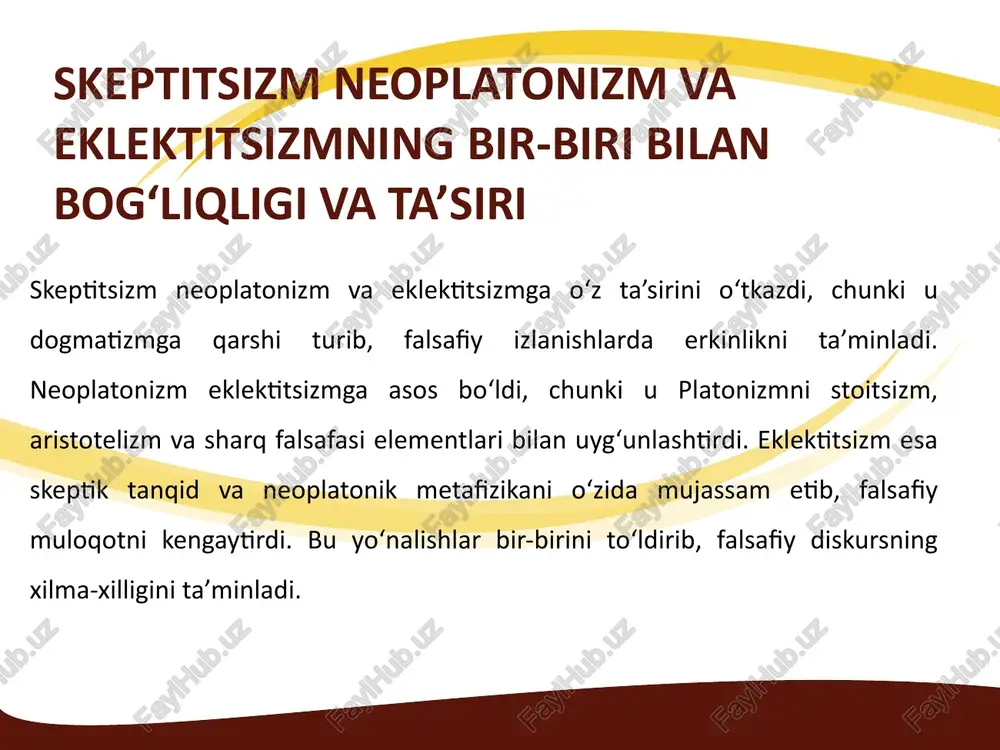 uningdek, uning yangi va yunon falsafasiga ta’siri falsafiy fikrning evolyutsiyasini tushunishda muhim ahamiyatga ega. eklektitsizm tushunchasi va uning rivojlanish tarixi eklektitsizm so‘zi yunoncha “eklegein” (tanlash) so‘zidan kelib chiqqan bo‘lib, turli falsafiy yoki diniy tizimlardan eng muhim va foydali elementlarni tanlab olishni anglatadi. eklektitsizmning dastlabki shakllari qadimgi yunoniston falsafasida, xususan, ellinistik davrda (miloddan avvalgi 4–1-asrlar) paydo bo‘lgan. bu davrda stoitsizm, epikurizm va skeptitsizm kabi turli maktablar o‘zaro raqobatlashar edi, ammo ba’zi mutafakkirlar ushbu oqimlarni birlashtirishga harakat qilishgan. xulosa skeptitsizm, neoplatonizm va eklektitsizm falsafiy oqimlar sifatida inson bilimi, haqiqat va dunyoqarashning turli jihatlarini o‘rganadi. skeptitsizm bilimning ishonchliligi va haqiqatni aniqlash imkoniyatiga shubha bilan qaraydi, mutlaq haqiqatga erishish qiyinligini ta’kidlaydi. neoplatonizm platon falsafasini rivojlantirib, ruhiy olam, ilohiy birlik va moddiy dunyoning o‘zaro bog‘liqligiga e’tibor beradi, ma’naviy yuksalishni muhim deb biladi. eklektitsizm esa turli falsafiy tizimlarning eng yaxshi elementlarini birlashtirishga intilib, yagona haqiqatni turli yondashuvlar orqali tushunish mumkinligini ilgari suradi. adabiyotlar ro‘yxati: skeptitsizm: katta, …