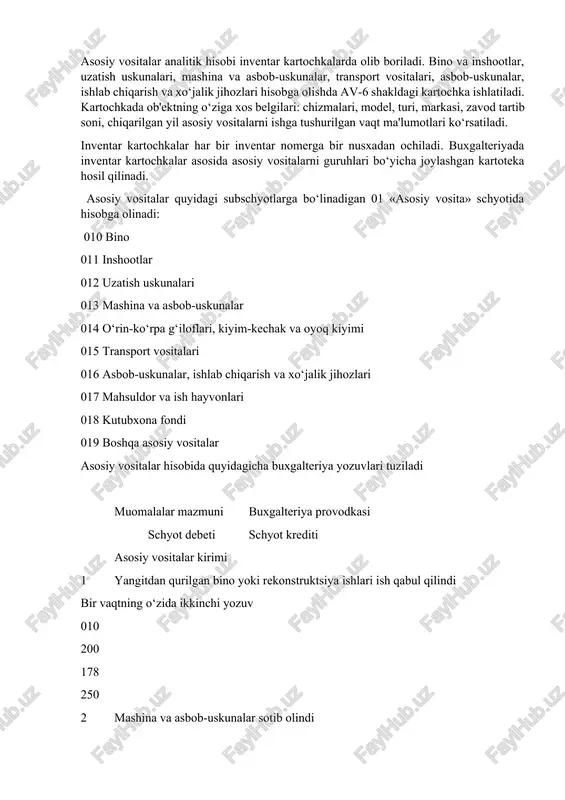 nlari ko‘rsatilgan akt tuziladi. unda ob'ektlarga bo‘lingan holda bajariladigan ishlar, ta'mirlashni boshlash va tugatish vaqtlari, yangilanadigan qismlari, smeta bahosi ko‘rsatiladi. asosiy vositalar balansdan o‘zbekiston respublikasi adliya vazirligi tomonidan 2004 yil 29 avgustda 1401-son bilan davlat ro‘yxatidan o‘tkazilgan «asosiy vositalarni balans hisobdan chiqarish tartibi to‘g‘risida» nizom (yangi tahrirda) asosida chiqariladi. mazkur nizom bo‘yicha asosiy soitalar balansdan : a) tugatish; b) sotish; v) ayirboshlash; g) bepul (tekinga) berish; d) ustav kapitaliga ta'sis ulushi ko‘rinishida berish; ye) uzoq muddatli ijara shartnomasi bo‘yicha berish; j) kamomad yoki talafot aniqlanishi; z) ishtirokchining yuridik shaxs ishtirokchilari tarkibidan chiqishida asosiy vositalar bilan hisob-kitob qilish natijasida hisobdan chiqariladi. asosiy vositalar balansdan tugatish sababli quyidagi hollarda chiqariladi: - o‘rnatilgan xizmat qilish mudddati tugashi bilan; - jismoniy eskirishi, avariya, tabiiy ofat, normal holatda ishlatishni buzulishi sababli; - ma'naviy eskirishi - tashkilotni texnik jihozlash, rekonstruktsiya qilish, kengaytirish va qurilish bilan bog‘liq chiqib ketishi. asosiy vositalar analitik hisobi inventar kartochkalarda olib boriladi. …