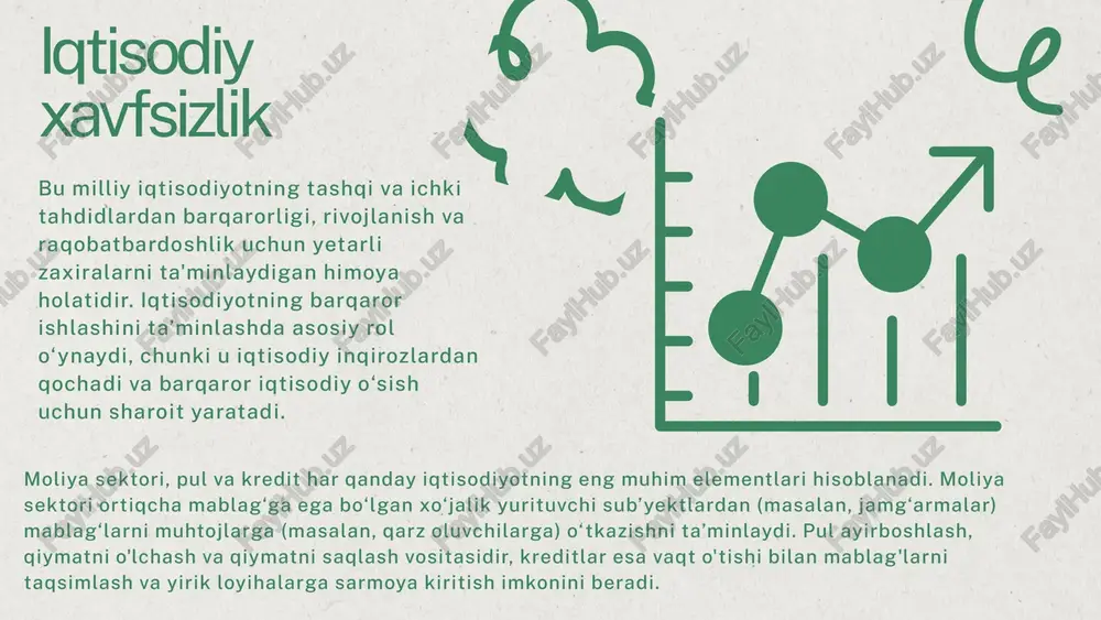orligini ta'minlashda davlatlar va xalqaro tashkilotlar o'rtasidagi hamkorlik 03. moliya, pul va kredit sohasidagi iqtisodiy xavfsizlikning xalqaro jihatlari xalqaro savdo va investitsiyalar iqtisodiy xavfsizlikka sezilarli ta'sir ko'rsatadi, chunki ular iqtisodiy faoliyatni qo'llab-quvvatlaydi, iqtisodiy diversifikatsiyani rag'batlantiradi va texnologiya va bilim olib kelishi mumkin. xalqaro moliya institutlari iqtisodiy xavfsizlikni tartibga solish va qo'llab-quvvatlashda muhim rol o'ynaydi, masalan, valyuta kursi barqarorligini saqlash va moliyaviy qiyinchiliklarga duch kelgan mamlakatlarga vaqtincha moliyaviy yordam ko'rsatish. moliyaviy tizimlar barqarorligini ta'minlashda davlatlar va xalqaro tashkilotlar o'rtasidagi hamkorlik e`tiboringiz uchun raxmat tekshirdi: sharapova n..k.. image1.jpeg image2.png image3.png image4.svg image5.png image6.svg image7.png image8.svg image9.jpeg image10.jpeg image11.jpeg image12.png image13.svg image14.png image15.svg image16.png image17.svg /docprops/thumbnail.jpeg