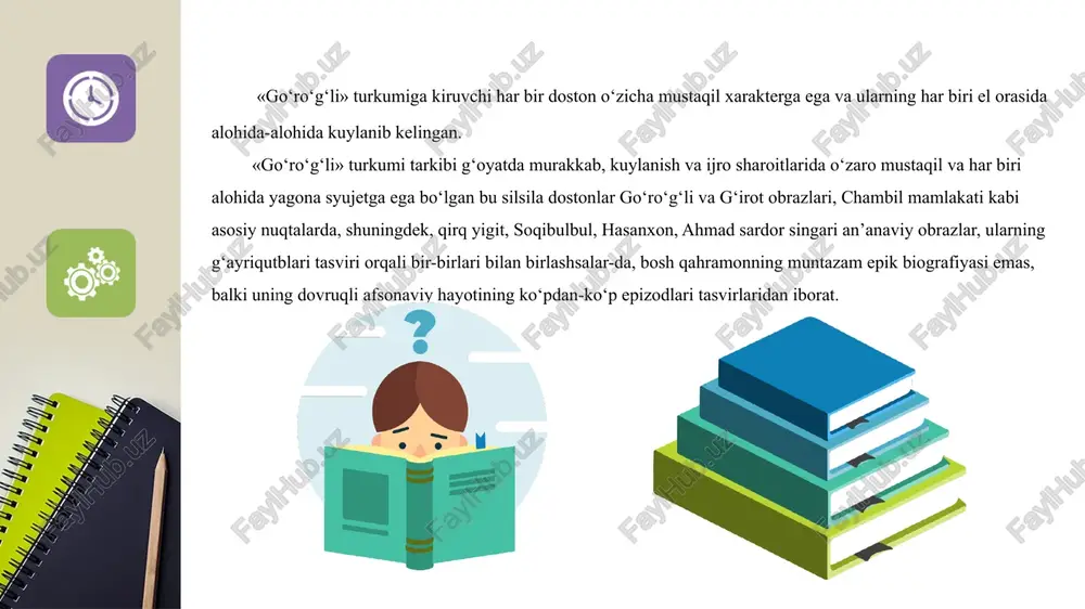 larining soni saksondan oshadi. «go‘ro‘g‘li» dostonlarining bu xil turkumlikdan iborat ekanligi dunyo epik merosida noyob hodisa sifatida baholanadi va o‘zbek xalqining poetik iqtidori, yaratuvchanlik quwatining naqadar kuchli ekanligidan dalolat beradi qahramonlik dostonlarining belgilari. o‘zbek xalq dostonchiligi taraqqiyotida alohida e’tiborga loyiq ikki qatlam davomiy ikki bosqich - qahramonlik va romanik dostonlar bosqichi olimlar tomonidan belgilangan. qahramonlik dostonlari o‘zbek baxshilar epik repertuarida muhim o‘rin tutadi. qahramonlik dostonlari voqeligi urug‘chilik munosabatlari, ko‘chmanchilik va yarim ko‘chmanchilik hayoti, etnosning shakllanishi va uning tarixiy taqdiri bilan bog‘lab talqin etiladi. bunday dostonlar bir qator urug‘ va qabilalarning muayyan etnos sifatida tashkil topa borishi, ilk davlatchilik kurtaklarining paydo bo‘lishi va shu munosabat bilan xalq va elatlarning o‘z mustaqilliklari uchun chet el bosqinchilariga qarshi mardonavor kurashlari qahramonlik dostonlari uchun boy material bo‘ldi. mana shu kurashlar, tarkib topishlar, birlashishlar va ajralishlar jarayonida o‘zo‘zini anglashning buyuk ifodasi sifatida qahramonlik eposi yuzaga keldi. epik mazmunning qahramonlik xarakteriga ega bo‘lishi qahramonlik dostonlarining bosh …