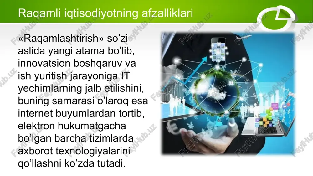 a, axborot texnologiyalarini tatbiq etishdan hosil bo’lgan umumiy effekt kutilganidan samarasizroq bo’lib chiqadi va bir xil tartibda taqsimlanmaydi. bu kabi investitsiyalardan maksimal natija olish uchun texnologiyalarning jahon banki tayyorlagan ma’ruzasida «analog to’ldiruvchilar» deb nomlangan boshqa omillar bilan o’zaro ta’sirini yaxshi tushunish talab etiladi. ular qatorida: -faol ishbilarmonlik muhitini qo’llab-quvvatlaydigan hamda biznes va insonlarga raqamli iqtisodiyot texnologiyalaridan raqobat va innovatsiyalar, xarajatlarni qisqartirish, shuningdek, turmush farovonligini oshirish uchun foydalanishga imkon beradigan normativ-huquqiy baza; -biznes menejmenti va davlat xizmatchilarida axborot texnologiyalarini qo’llashga doir to’laqonli ko’nikmalar; -axborot texnologiyalaridan foydalanish yo’nalishida konsalting xizmatlarini ko’rsatadigan institutlar (davlat va xususiy) o’rin olgan. yait – bu tashkiliy boshqaruv tizimlariga biror maqsadga xizmat qiladigan axborot (ma’lumotlar, g’oyalar va bilimlar) mahsulotlarini yaratish, ularni uzatish, saqlash va aks ettirish uchun yaxlit texnologik platformaga birlashuvchi va iqtisodiy agentlar muloqotiga sarflanadigan trakzaksion xarajatlarni maksimal darajada kamaytiruvchi ma’lumotlarni qayta ishlashga doir har jihatdan yangi «sozlanuvchi» vositalar va metodlar yig’indisidir. yait raqamli texnologiyalar asosida mavjud …