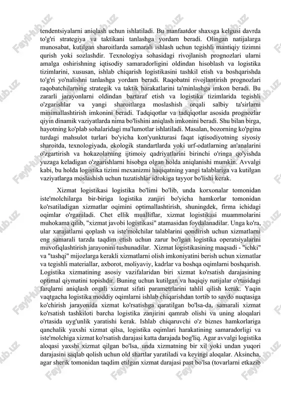 lash; ombor 3. xususiy vazifalar: minimal zaxiralarni yaratish zaxiralarda tovarlarni saqlash vaqtini, transport vaqtini va boshqalarni kamaytirish. shunday qilib, tijorat logistikasining barcha vazifalari umumiy maqsad - firmalarning o'zgaruvchan bozor sharoitlariga maksimal moslashishiga erishish, umumiy logistika xarajatlarini minimallashtirish va sifatni ta'minlash va etkazib berishning o'z vaqtida bajarilishi. iqtisodiyot, kibernetika, menejment, psixologiya va sotsiologiya birlashmasida joylashgan ilm-fan sifatida logistikada ishlab chiqarish va muomaladagi umumiy yoki mahalliy muammolarni hal qilish uchun ishlab chiqilgan va qo'llaniladigan tahlil usullari, nazariyalari va turlari keng qo'llaniladi. ular orasida ko'proq yoki kamroq ahamiyatga ega emas. ularning har biri muayyan vaziyatda belgilangan maqsadlarga erishishda hal qiluvchi rol o'ynashi mumkin. logistika nuqtai nazaridan bir qator xarakterli xususiyatlar bo'yicha barcha usullar shartli ravishda uch guruhga birlashtirilishi mumkin. u tahlil usullari u bashorat qilish usullari. u norasmiy usullar. eng keng metodik guruhni ifodalovchi iqtisodiy va matematik usullarning jamiyati. optimal echimlarni ishlab chiqish usullari ushbu guruhda logistika uchun alohida ahamiyatga ega. ular qabul …
