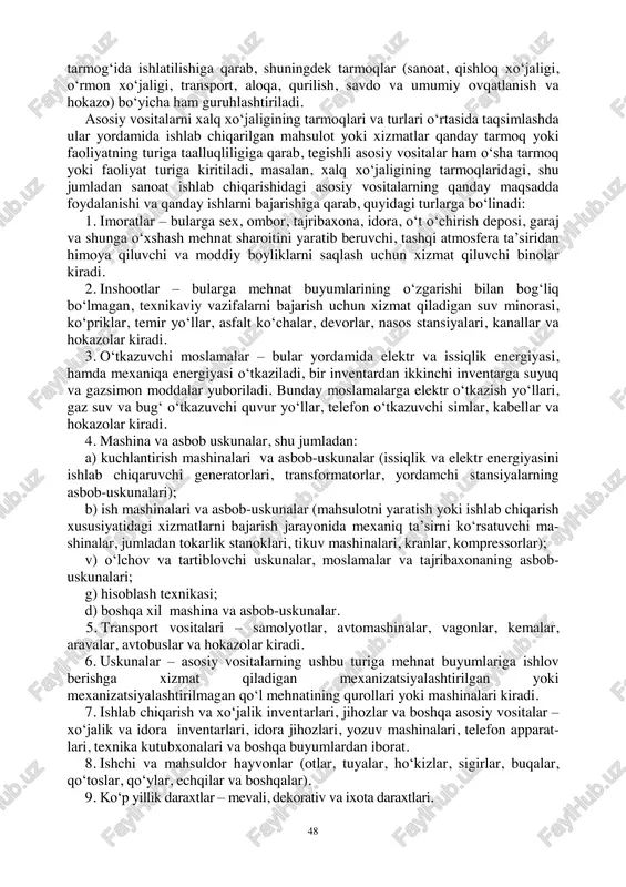 asosiy vositalar bepul kelib tushgan asosiy vositalar 5.sotib olingandagi holati-ga ko‗ra  butkul yangi asosiy vositalar oldinlari foydalanishda bo‗lgan asosiy vositalar 6.real holatiga ko‗ra  ishlatilayotgan asosiy vositalar  kapital ta‘mirlashdagi asosiy vositalar  konservatsiya qilingan asosiy vositalar  zahiradagi o‗rnatilmagan jihozlar  sotishga tayyorlangan asosiy vositalar  tugatishga tayyorlangan asosiy vositalar ijaraga berilgan asosiy vositalar 7.alohida ishlarni baja-rishga mo‗ljallanganligiga ko‗ra  maxsus asosiy vositalar  universal asosiy vositalar  aralash maqsaddagi asosiy vositalar 8.turi va ko‗rinishiga ko‗ra  er va er uchastkalari  bino va inshoatlar  mashina va mexanizmlar  ofis mebellari va jihozlari  kompyuterlar  transport vositalari  ishchi xayvonlar  ko‗p yillik o‗simliklar  boshqa asosiy vositalar asosiy vositalar ishlab chiqarishga qatnashishi nuqtai nazaridan ishlab chiqarishga taalluqli asosiy vositalari va noishlab chiqarishga taalluqli asosiy vositalariga bo‗linadi. ishlab chiqarishga taalluqli asosiy vositalardan moddiy ishlab chiqarish sohasida foydalaniladi, ishlab chiqarishning bir nechta jarayonida qatnashib, asta- sekin eskiradi, …