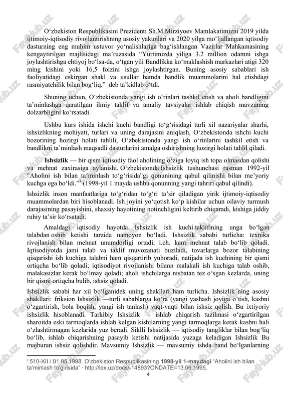 babi har xil boʻlganidek uning shakllari ham turlicha. ishsizlik ning asosiy shakllari: friksion ishsizlik —turli sabablarga koʻra (yangi yashash joyiga oʻtish, kasbni oʻzgartirish, bola boqish, yangi ish tanlash) vaqt-vaqti bilan ishsiz qolish. bu ixtiyoriy ishsizlik hisoblanadi. tarkibiy ishsizlik — ishlab chiqarish tuzilmasi oʻzgartirilgan sharoitda eski tarmoqlarda ishlab kelgan kishilarning yangi tarmoqlarga kerak kasbni hali oʻzlashtirmagan kezlarida yuz beradi. siklli ishsizlik — iqtisodiy tangliklar bilan bogʻliq boʻlib, ishlab chiqarishning pasayib ketishi natijasida yuzaga keladigan ishsizlik bu majburan ishsiz qolishdir. mavsumiy ishsizlik — mavsumiy ishda band boʻlganlarning mavsum tugagach, ishsiz qolishi. yashirin ishsizlik — rasman ish bilan band boʻlganlarning faqat qisman ishlashi. unga qisqartirilgan ish kuni yoki ish haftasiga oʻtganlar, ish yoʻqligidan haqberilmaydigan taʼtilga chiqqanlar kiradi. ishsizlar ishlayotganlar bilan bir qatorda mamlakat ish kuchini tashkil qiladi. iqtisodiyotda ishsizlik muammosini oʻrganishdan asosiy maqsad aholining ish bilan bandligini yaxshilash orqali mamlakat (korxonalar) ni kengaytirish va aholi turmush darajasini yanada yaxshilashga aloqador tadbirlar ishlab chiqishdan …