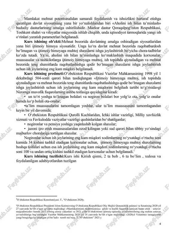 sasini tamomlagandan keyin bir yil davomida; • o‘zbekiston respublikasi qurolli kuchlaridan, ichki ishlar vazirligi, milliy xavfsizlik xizmati va favkulodda vaziyatlar vazirligi qushinlaridan bo‘shatilganlar; • nogironlar va pensiya yoshiga yaqinlashib kolgan shaxslar; • jazoni ijro etish muassasalaridan ozod kilingan yoki sud qarori bilan tibbiy yo‘sindagi majburlov choralariga tortilgan shaxslar. nogironlar uchun ish joylarining eng kam miqdori xodimlarning ro‘yxatdagi o‘rtacha soni kamida 34 kishini tashkil etadigan korxonalar uchun, ijtimoiy himoyaga muhtoj shaxslarning boshqa toifalari uchun esa ish joylarining eng kam miqdori xodimlarning ro‘yxatdagi o‘rtacha soni 100 va undan ortiq kishini tashkil etadigan korxonalar uchun belgilanadi.[footnoteref:1] [1: o‘zbekiston respublikasi konstitutsiyasi. t., "o‘zbekiston 2020y. 2o‘zbekiston respublikasi prezidenti islom karimovning o‘zbekiston respublikasi oliy majlisi qonunchilik palatasi va senatining 2020 yil 27 yanvarda bo‘lib o‘tgan qo‘shma majlisidagi «mamlakatimizni modernizatsiya qilish va kuchli fuqarolik jamiyati barpo etish – ustuvor maqsadimizdir» hamda 2011 yilning asosiy yakunlari va 2021 yilda o‘zbekistonni ijtimoiy-iqtisodiy rivojlantirishning eng muhim ustuvor yo‘nalishlariga bag‘ishlangan vazirlar …