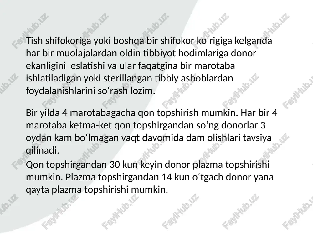 ko‘zning shilliq qavatlari, limfatik tugunlar va qorin bo‘shlig‘i organlari palpatsiyasi hamda ko‘krak qafasi organlari auskultatsiyasi amalga oshiriladi; ●tomir urishi (puls) tezligi va uning bir maromda urishi, arterial bosim aniqlanadi. bunda tomir urishi (puls) bir maromda va bir daqiqada 60 dan 80 gacha, arterial bosim — sistolik bosim 90 — 170 mm simob ustuni oralig‘ida, diastolik bosim 60 — 90 mm simob ustuni oralig‘ida bo‘lishi kerak; ●gemoglobin miqdori aniqlanadi. bunda erkaklarda kamida 128 g/l, gematokrit 40 %, ayollarda esa, kamida 120 g/l, gematokrit 38 %, bo‘lishi zarur; ●donorning tana harorati o‘lchanadi. bunda tana harorati 36° s dan past va 37° s dan yuqori bo‘lmasligi lozim. plazma donorlarini dastlabki tibbiy ko‘rikdan o‘tkazishda qo‘shimcha ravishda quyidagilar tekshiriladi: ●qon zardobida oqsilning umumiy miqdori; ●trombotsitlar va retikulotsitlar miqdori; ●qon zardobining oqsil fraksiyalari. ●eritrotsitlarning cho‘kish tezligi; ●qon zardobidagi oqsilning umumiy miqdori; ●leykotsitlar miqdori aniqlanadi. donor takroriy plazma topshirganda: ●gemoglobin miqdori yoki gematokrit; plazmaferez — donor qonidan …