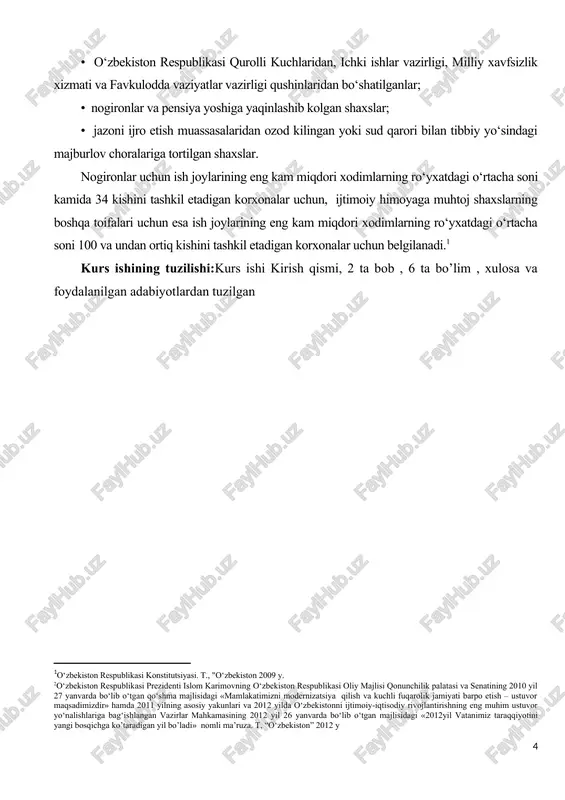 zlik xizmati va favkulodda vaziyatlar vazirligi qushinlaridan bo‘shatilganlar; • nogironlar va pensiya yoshiga yaqinlashib kolgan shaxslar; • jazoni ijro etish muassasalaridan ozod kilingan yoki sud qarori bilan tibbiy yo‘sindagi majburlov choralariga tortilgan shaxslar. nogironlar uchun ish joylarining eng kam miqdori xodimlarning ro‘yxatdagi o‘rtacha soni kamida 34 kishini tashkil etadigan korxonalar uchun, ijtimoiy himoyaga muhtoj shaxslarning boshqa toifalari uchun esa ish joylarining eng kam miqdori xodimlarning ro‘yxatdagi o‘rtacha soni 100 va undan ortiq kishini tashkil etadigan korxonalar uchun belgilanadi.[footnoteref:1] [1: o‘zbekiston respublikasi konstitutsiyasi. t., "o‘zbekiston 2009 y. 2o‘zbekiston respublikasi prezidenti islom karimovning o‘zbekiston respublikasi oliy majlisi qonunchilik palatasi va senatining 2010 yil 27 yanvarda bo‘lib o‘tgan qo‘shma majlisidagi «mamlakatimizni modernizatsiya qilish va kuchli fuqarolik jamiyati barpo etish – ustuvor maqsadimizdir» hamda 2011 yilning asosiy yakunlari va 2012 yilda o‘zbekistonni ijtimoiy-iqtisodiy rivojlantirishning eng muhim ustuvor yo‘nalishlariga bag‘ishlangan vazirlar mahkamasining 2012 yil 26 yanvarda bo‘lib o‘tgan majlisidagi «2012yil vatanimiz taraqqiyotini yangi bosqichga ko’taradigan …