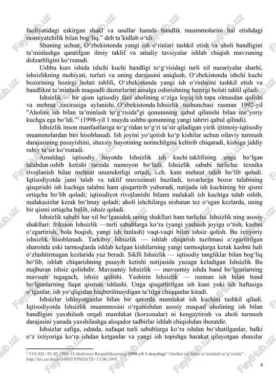 malakali ish kuchiga talab oshib, malakasizlar kerak boʻlmay qoladi; aholi ishchilarga nisbatan tez oʻsgan kezlarda, uning bir qismi ortiqcha bulib, ishsiz qoladi. ishsizlik sababi har xil boʻlganidek uning shakllari ham turlicha. ishsizlik ning asosiy shakllari: friksion ishsizlik —turli sabablarga koʻra (yangi yashash joyiga oʻtish, kasbni oʻzgartirish, bola boqish, yangi ish tanlash) vaqt-vaqti bilan ishsiz qolish. bu ixtiyoriy ishsizlik hisoblanadi. tarkibiy ishsizlik — ishlab chiqarish tuzilmasi oʻzgartirilgan sharoitda eski tarmoqlarda ishlab kelgan kishilarning yangi tarmoqlarga kerak kasbni hali oʻzlashtirmagan kezlarida yuz beradi. siklli ishsizlik — iqtisodiy tangliklar bilan bogʻliq boʻlib, ishlab chiqarishning pasayib ketishi natijasida yuzaga keladigan ishsizlik bu majburan ishsiz qolishdir. mavsumiy ishsizlik — mavsumiy ishda band boʻlganlarning mavsum tugagach, ishsiz qolishi. yashirin ishsizlik — rasman ish bilan band boʻlganlarning faqat qisman ishlashi. unga qisqartirilgan ish kuni yoki ish haftasiga oʻtganlar, ish yoʻqligidan haqberilmaydigan taʼtilga chiqqanlar kiradi. ishsizlar ishlayotganlar bilan bir qatorda mamlakat ish kuchini tashkil qiladi. iqtisodiyotda ishsizlik muammosini …