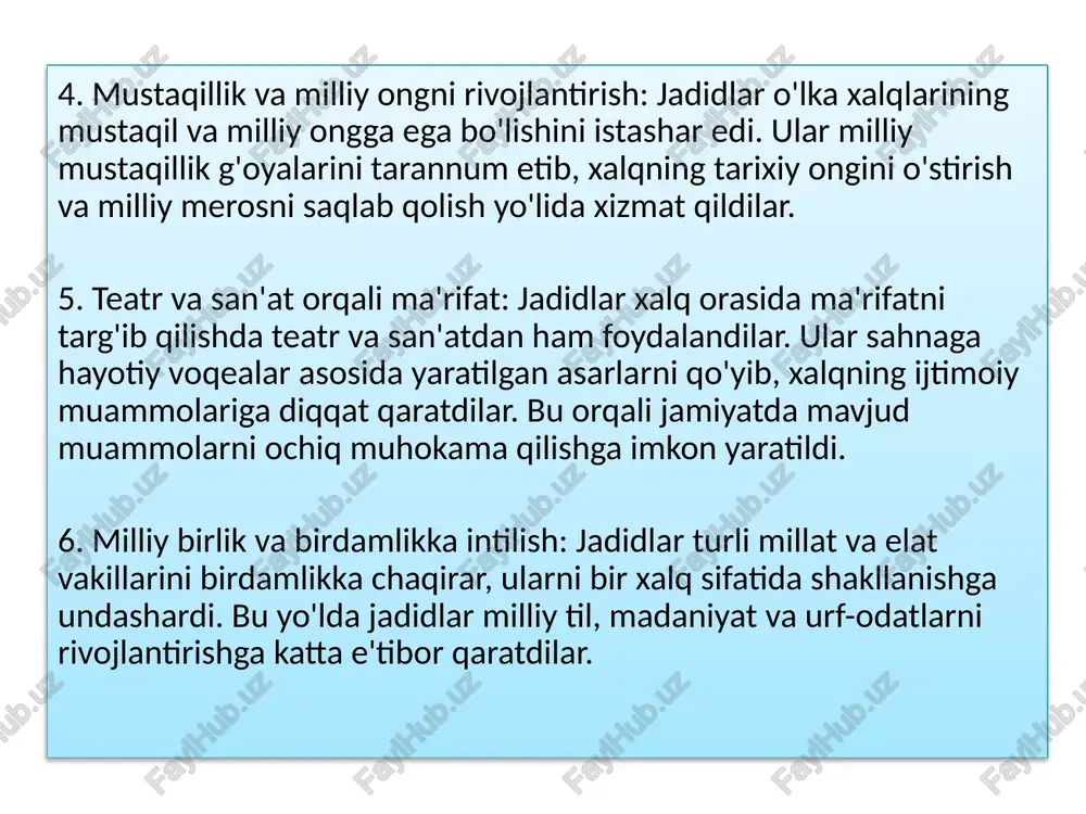i oshirishga katta hissa qo'shdilar. jadidlarning yozgan asarlari, maqolalari va darsliklari xalq orasida yangi fikrlarni va ijtimoiy o'zgarishlarni ilgari surgan. image1.jpeg image2.jpeg image3.png image4.jpeg image5.jpeg image6.jpeg image7.jpeg /docprops/thumbnail.jpeg