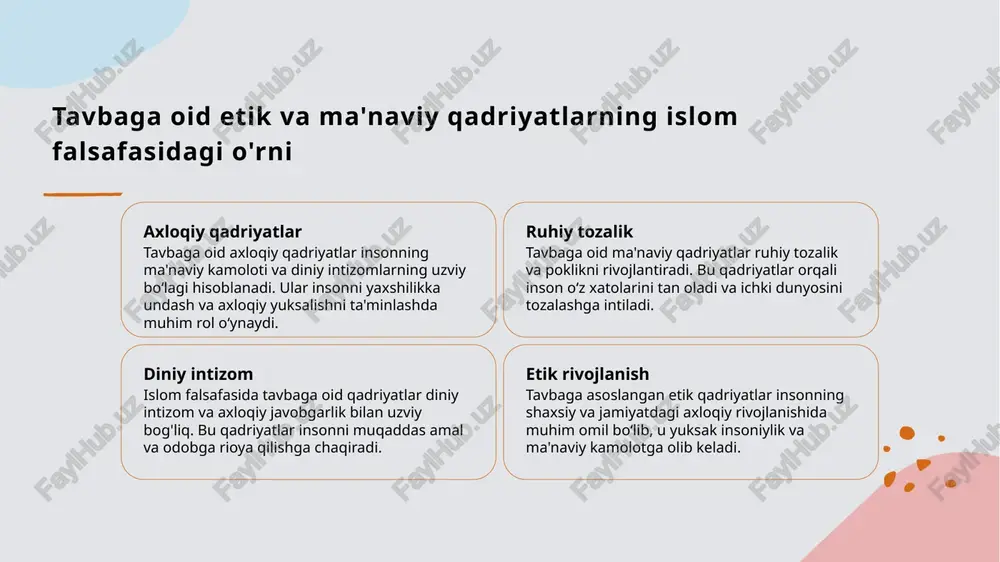 iy rivojlanishning tarixiy rivoji va zamonaviy islam an'analari bilan bog'liqligi 1 tarixiy rivoj tavba va axloqiy rivojlanishning tarixiy jarayonida, musulmon jamiyatlarida tavba amali ruhiy va axloqiy o'zgarishlar uchun asos bo'lib kelgan. 2 zamonaviy an'analar zamonaviy islomda tavba va axloqiy rivojlanish, diniy amallar va axloqiy qadriyatlarning muvozanatini ta'minlashga qaratilgan, shuningdek, jamiyat rivojiga ta'sir ko'rsatadi. 3 tarbiya va rivojlanish tarixi rivojlanish jarayonida, tavba insonlarni ruhiy va axloqiy yuksalishga undaydi, bu esa zamonaviy islamda shaxsiy va jamiyat hayotida muhim ahamiyatga ega. xulosa 01 tavbaga va axloqiy o'zgarishlarning ahamiyati tavba insonning ruhiy poklanishi va axloqiy rivojlanishini ta'minlaydigan muhim jarayondir. bu, jamiyatda adolat va muvozanatni mustahkamlash uchun asosiy omil hisoblanadi. 02 din va axloqning uzviy bog‘liqligi ta'kidlangan din va axloq bir-birini to‘ldiradi, insonni yaxshilikka undaydi. bu uzviy bog‘liqlik insonning ma’naviy yuksalishi va jamiyatda barqarorlik uchun muhimdir. 03 tarixiy va zamonaviy islam an'analari tarix davomida tavba va axloqiy rivojlanish jamiyat uchun muhim bo‘lib kelgan. zamonaviy islamda …