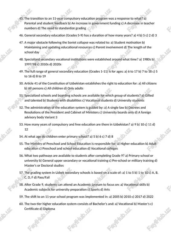 schools were created for the purpose of: a) providing military training b) developing talented and gifted students c) promoting a specific political ideology d) serving as special needs schools 35. a characteristic of the continuing system of education in uzbekistan is its focus on: a) a single, fixed curriculum for all b) a continuous and flexible educational pathway c) restricting educational access d) reducing the number of graduates 36. what digital platform is utilized for grading and educational records in schools? a) scholaro b) kundalik c) moodle d) canvas 37. which of these is part of the formal educational structure in uzbekistan? a) pre-school education b) undergraduate education c) graduate education d) all of the above 38. what was a significant challenge for the education system after the soviet union's collapse? a) a decrease in students b) a budget crisis and funding issues c) an oversupply of teachers d) too …