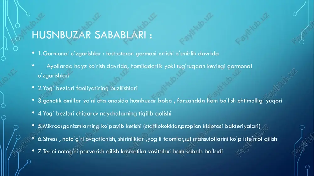 a yoki tanada dumaloq, qizargan, qichishadigan dog‘lar. • 3. parazitar dermatozonozlar : • a) qutiruvchi qo‘ng‘iz (sarkoptoz, scabies) sababi: sarcoptes scabiei (qurt). manbai: it, mushuk, qo‘y.belgilar:kuchli qichishish, ayniqsa kechasi.teri ostida chiziqchalar, toshmalar. • b) dermatofilioz : sababi: dermatophilus congolensis. manbai: qoramol, ot, qo‘y. belgilar: teri ustida pufakchalar, quruq qobiq, yiringli toshma. • 4. virusli dermatozonozlar a) qoramol nodulyar dermatiti sababi: capripoxvirus. belgilar: odamda kam, lekin bo‘lsa — terida tugunlar, isitma, umumiy holsizlik. • b) qoramolning sutchi (mulusk) virusi sababi: parapoxvirus. belgilar: qo‘l yoki barmoqda yiringli tuguncha (ko‘proq sog‘uvchi kishilarda) • 5. hasarotlar orqali yuqadigan dermatozonozlar a) leishmanioz (qo‘tir yara) sababi: leishmania tropica. manbai: it, kemiruvchi tarqatuvchi: chivin (moshka).belgilar: teri yarasi, sekin bitadi, chandiq qoldiradi. • oldini olish choralari: 1. hayvonlar bilan to‘g‘ridan-to‘g‘ri aloqada gigiyena qoidalariga rioya qilish. • 2. kasal hayvonlarni sog‘lomlaridan ajratish. 3. hayvonlarni veterinar nazoratida saqlash. • 4. zamburug‘li va parazitar kasalliklarga qarshi dori vositalarini o‘z vaqtida qo‘llash. …